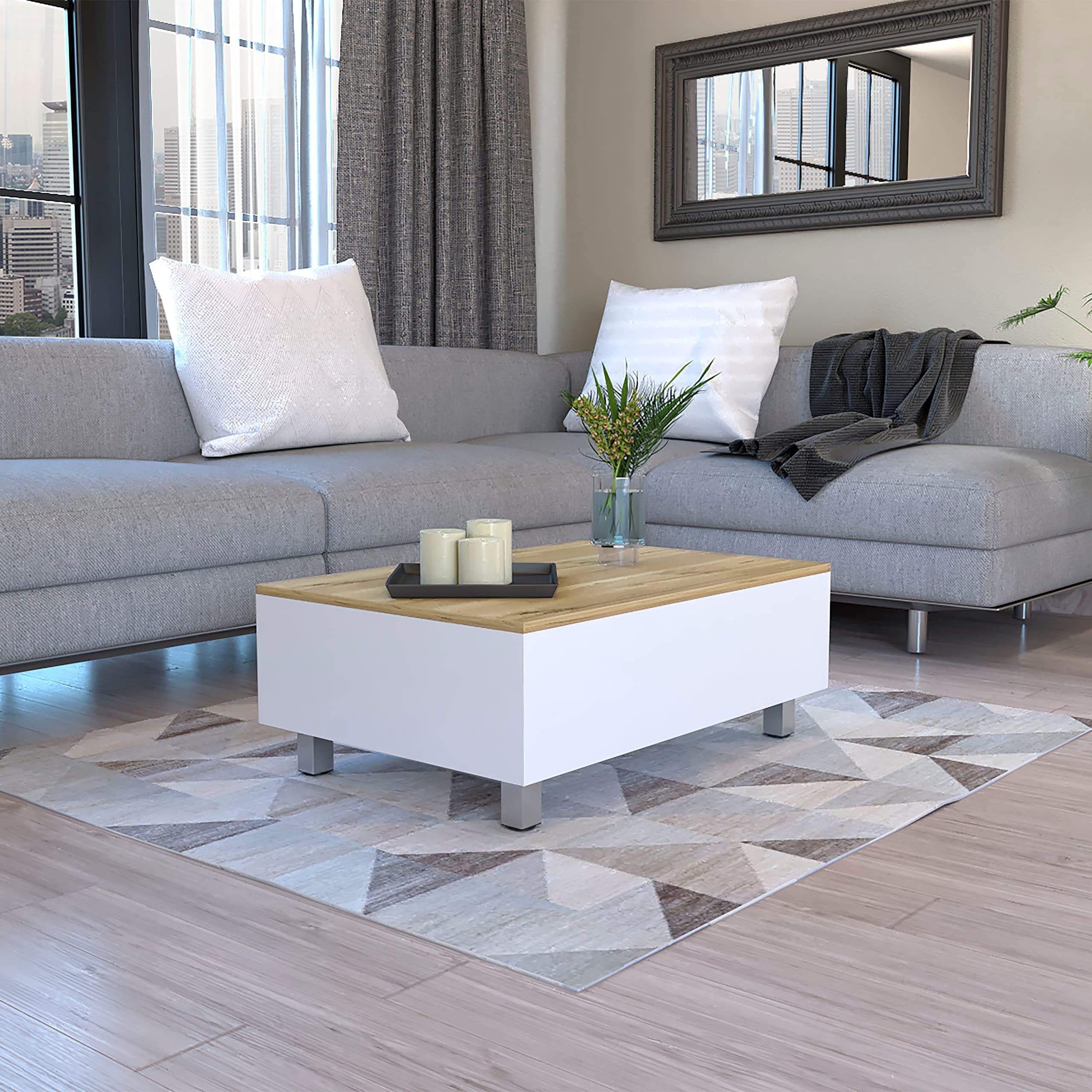 Tuhome Gambia Lift Top Coffee Table with Storage, 4-Leg Design in White & Light Oak - Perfect for Living Room, Office, and Small Spaces