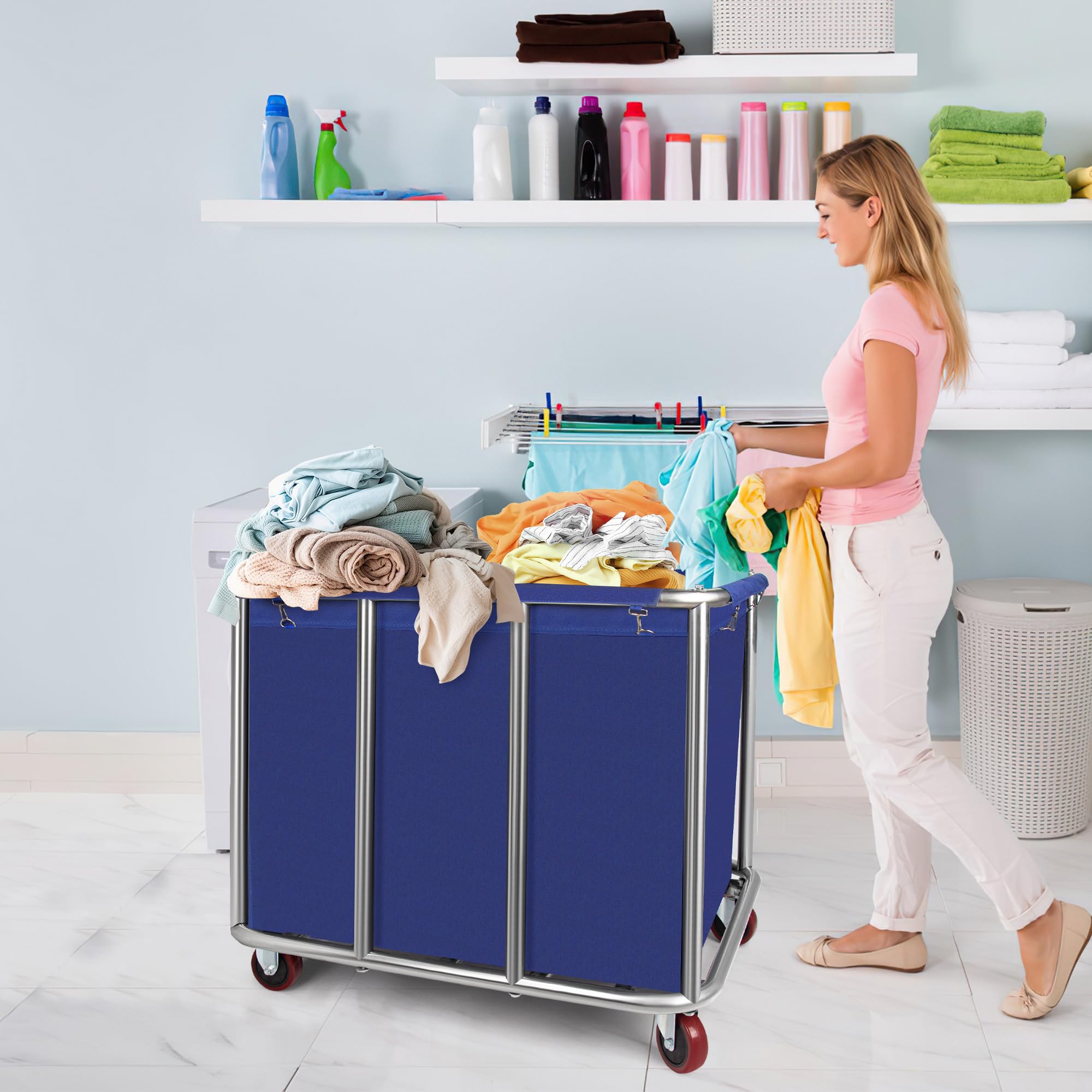 Commercial Laundry Cart with Wheels - 11.35 Bushel Heavy Duty Industrial Laundry Hamper, Stainless Steel Frame & Waterproof Oxford Cloth, 440Lbs Capacity - Perfect for Hotels, Hospitals, Laundromats & Large Facilities