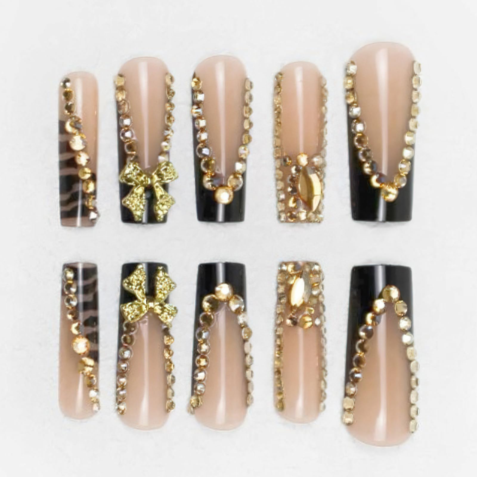 24Pcs Black French Press on Nails with Gold Rhinestone & Bow Charms - Long Square Coffin Fake Nails, Glossy Leopard Print French Tip Acrylic Nails for Women & Girls | Perfect for Parties, Weddings & Special Occasions