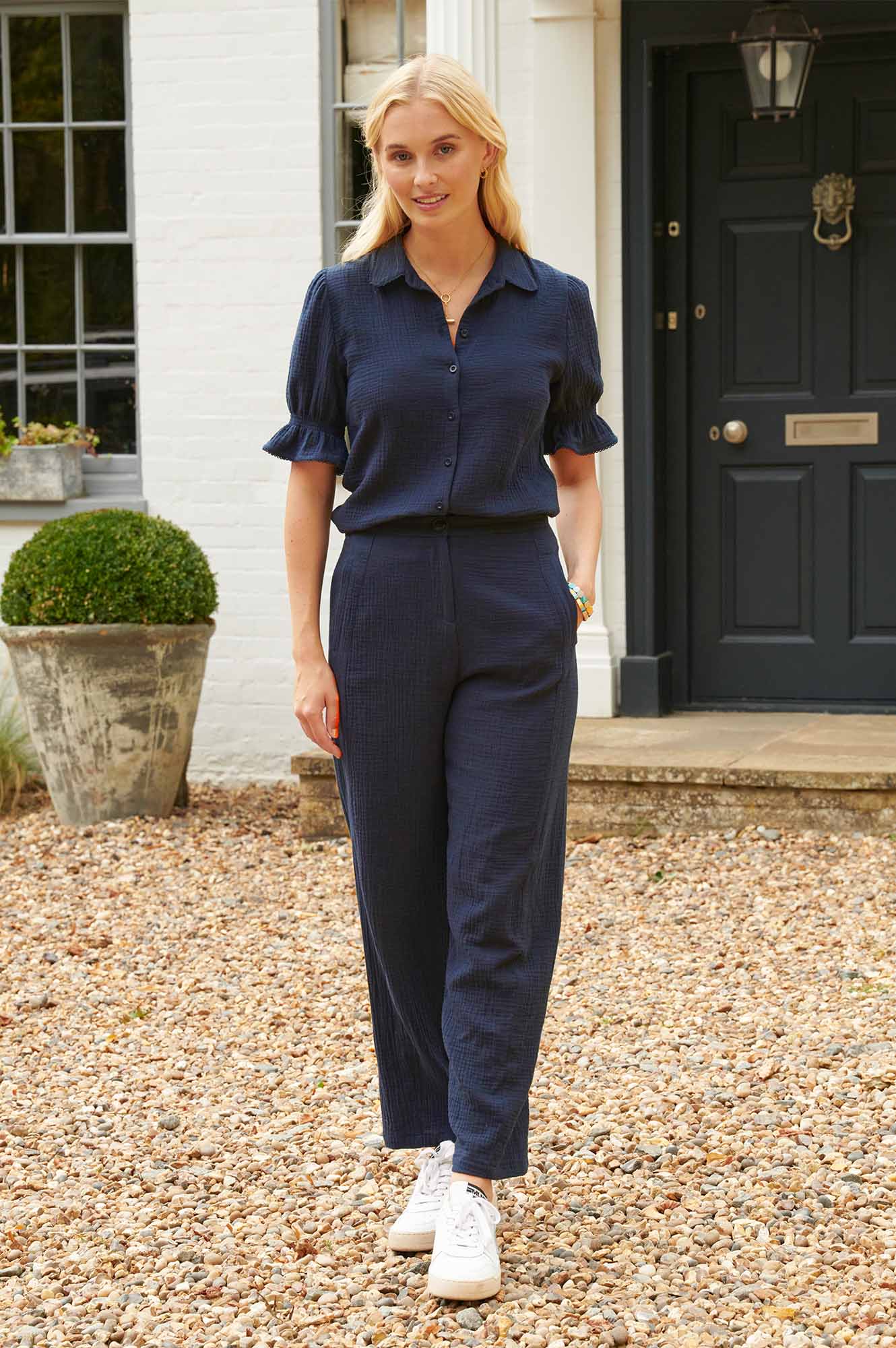 Libby Cheesecloth Trousers for Women - Navy Blue Linen Pants | Comfortable Summer Casual Wear for Beach, Travel & Everyday Outfits