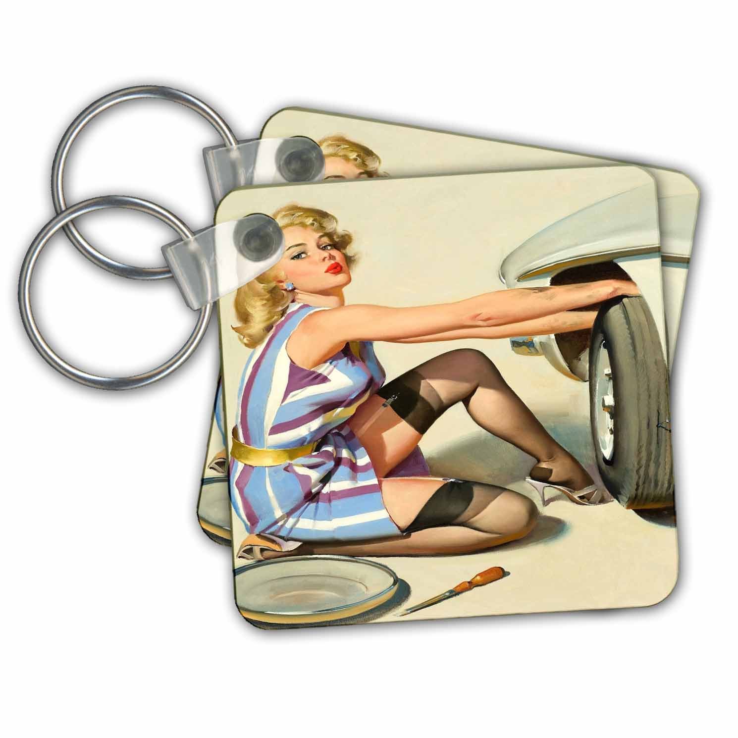 Retro Elvgren Pinup Changing Tire Keychain Set of 2 - Vintage Car Accessories for Men & Women - Perfect for Key Rings, Gifts, and Auto Enthusiasts