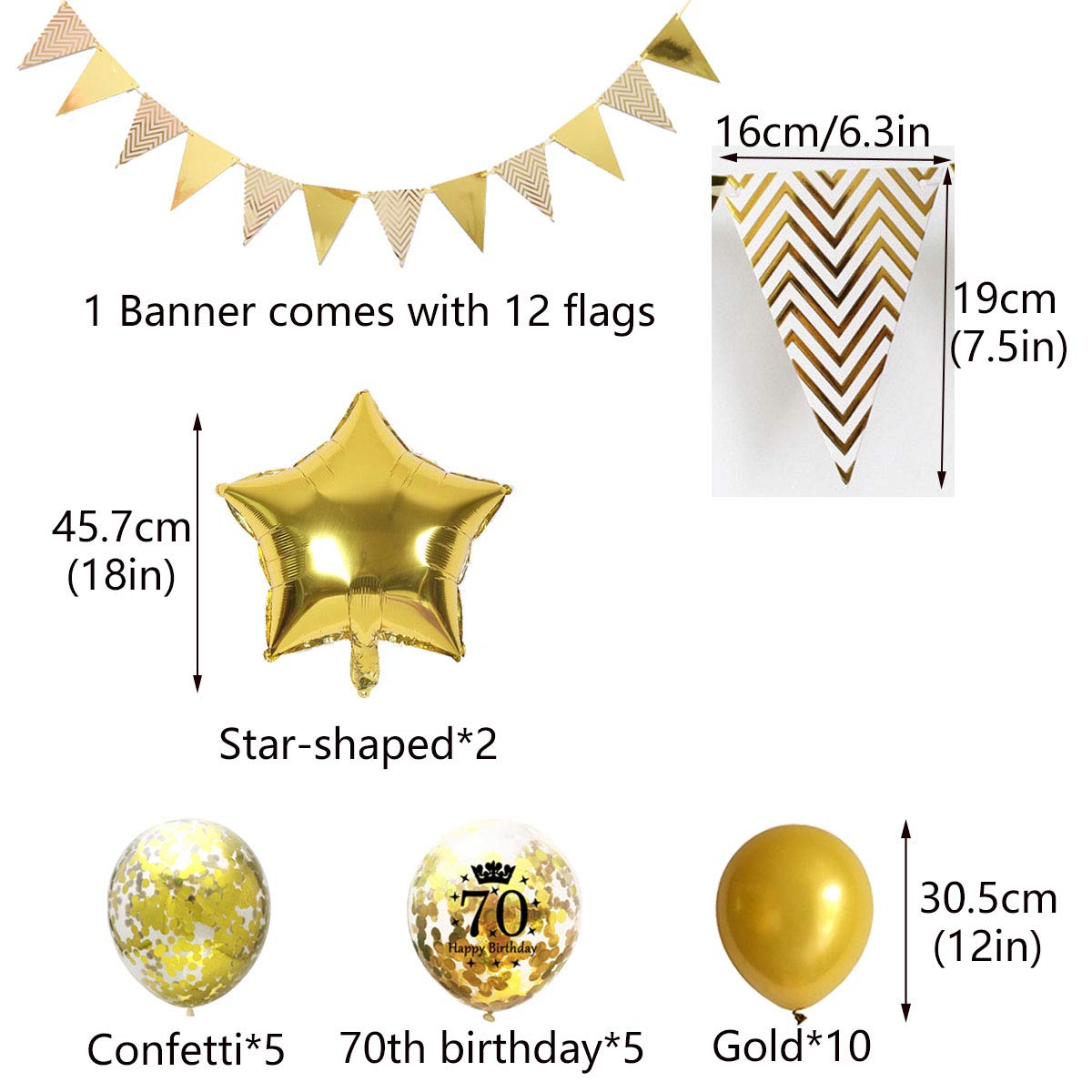 70th Birthday Party Decorations Set - Gold Happy Birthday Letter Balloons, Pennant Banners, Star Foil & Confetti Balloons for Women & Men - Perfect for Mum/Dad's Milestone Celebration - Great for Home, Restaurant & Surprise Parties