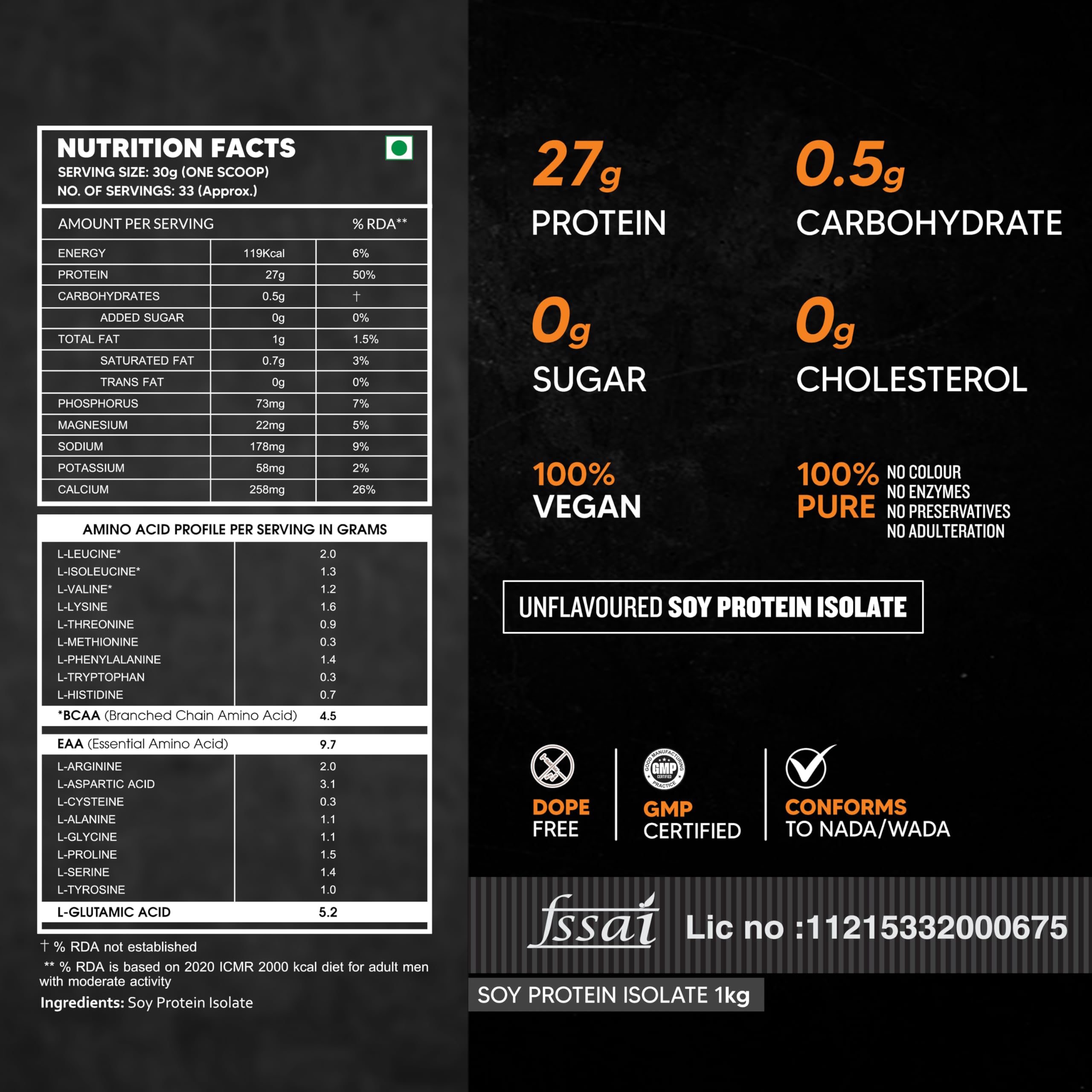 Asitis Nutrition 100% Soy Protein Isolate Powder - 27g Protein per Serving, All 9 Essential Amino Acids, Vegan Plant-Based Protein Supplement, Unflavored, Zero Cholesterol & Additives - 1000g (33 Servings) for Muscle Recovery, Weight Management & Healthy Lifestyle