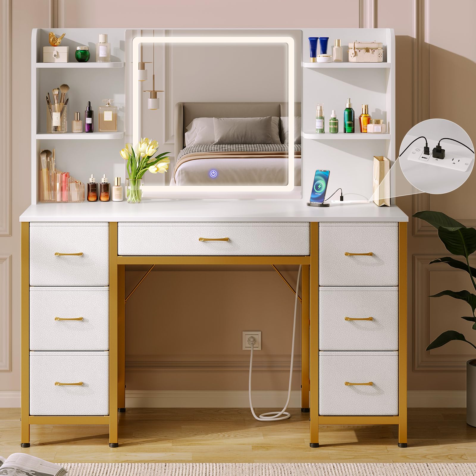 Rolanstar White and Gold Vanity Desk with LED Lighted Mirror & Power Outlet - 7 Fabric Drawers & 6 Storage Shelves Makeup Dressing Table - 3 Lighting Modes for Bedroom, Girls & Women - Perfect for Home Makeup Studio, Bridal Dressing Room & Beauty Salon