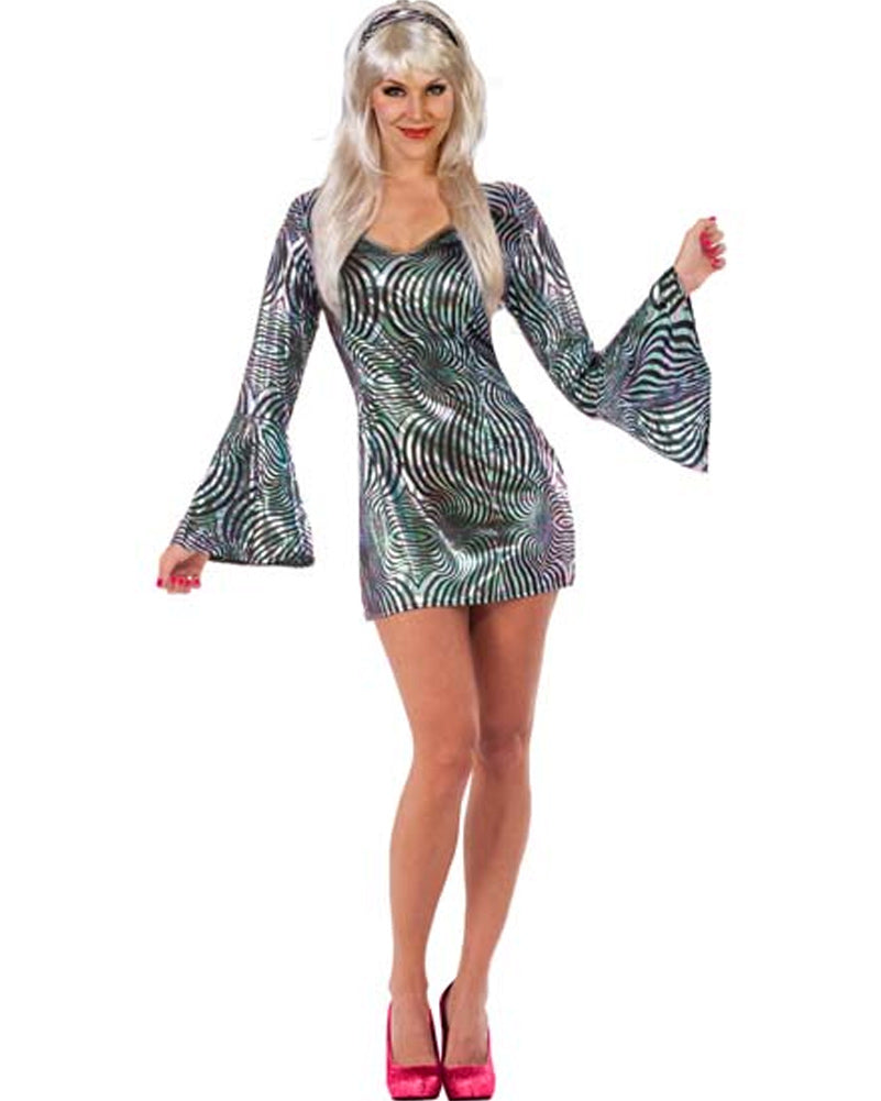 60s Disco Babe Dress - Women's Retro 70s Costume for Halloween, Theme Party & Dance Performance - Vintage Sequined Disco Outfit with Bell Sleeves