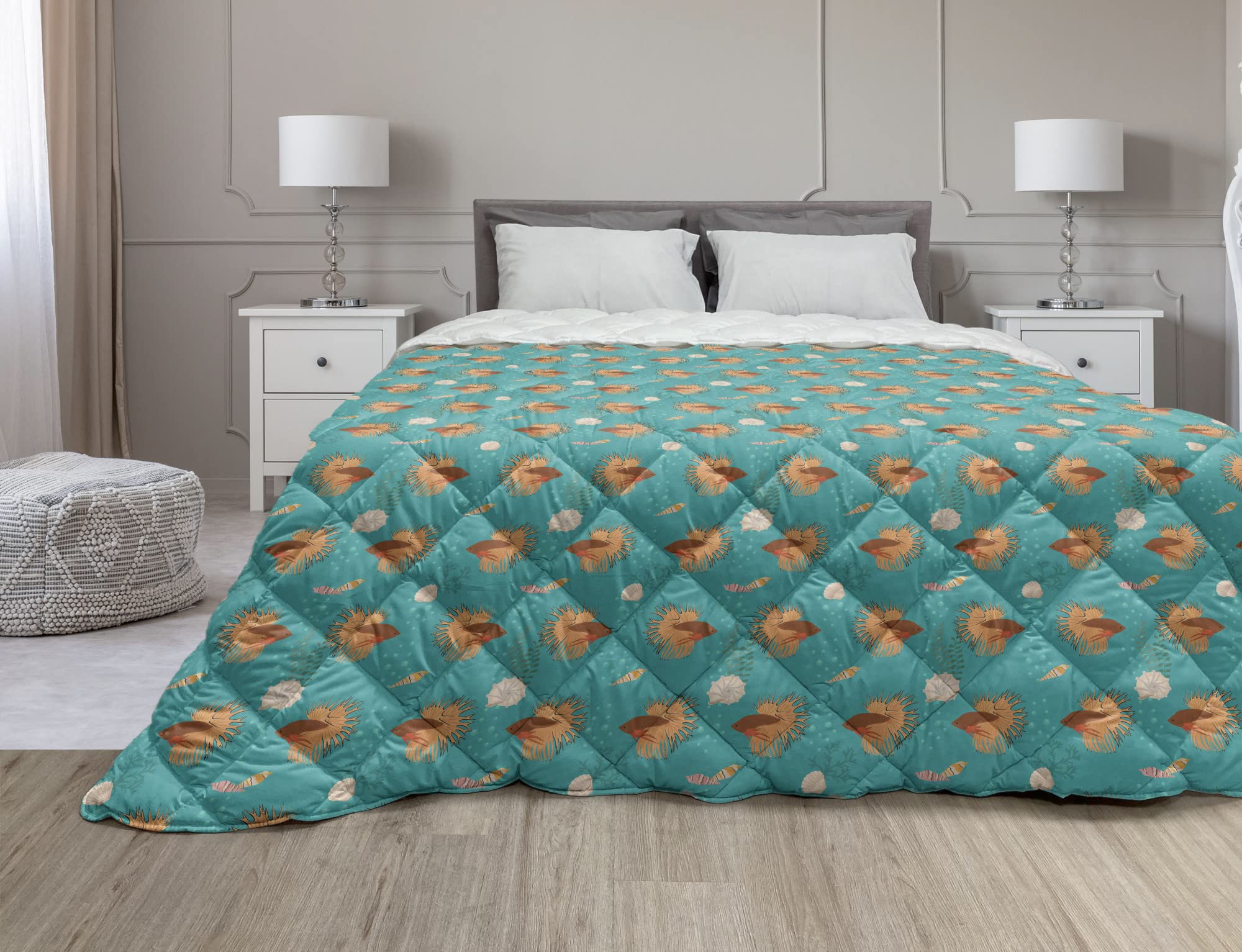 Ambesonne Nautical Down Alternative Comforter - Twin Size, Exotic Marine Underwater Fish Seashells Bubbles Cartoon Design, All-Season Microfiber Quilt in Turquoise Cinnamon & Dust | Perfect for Kids' Rooms, Beach-Themed Bedrooms & Coastal Home Decor