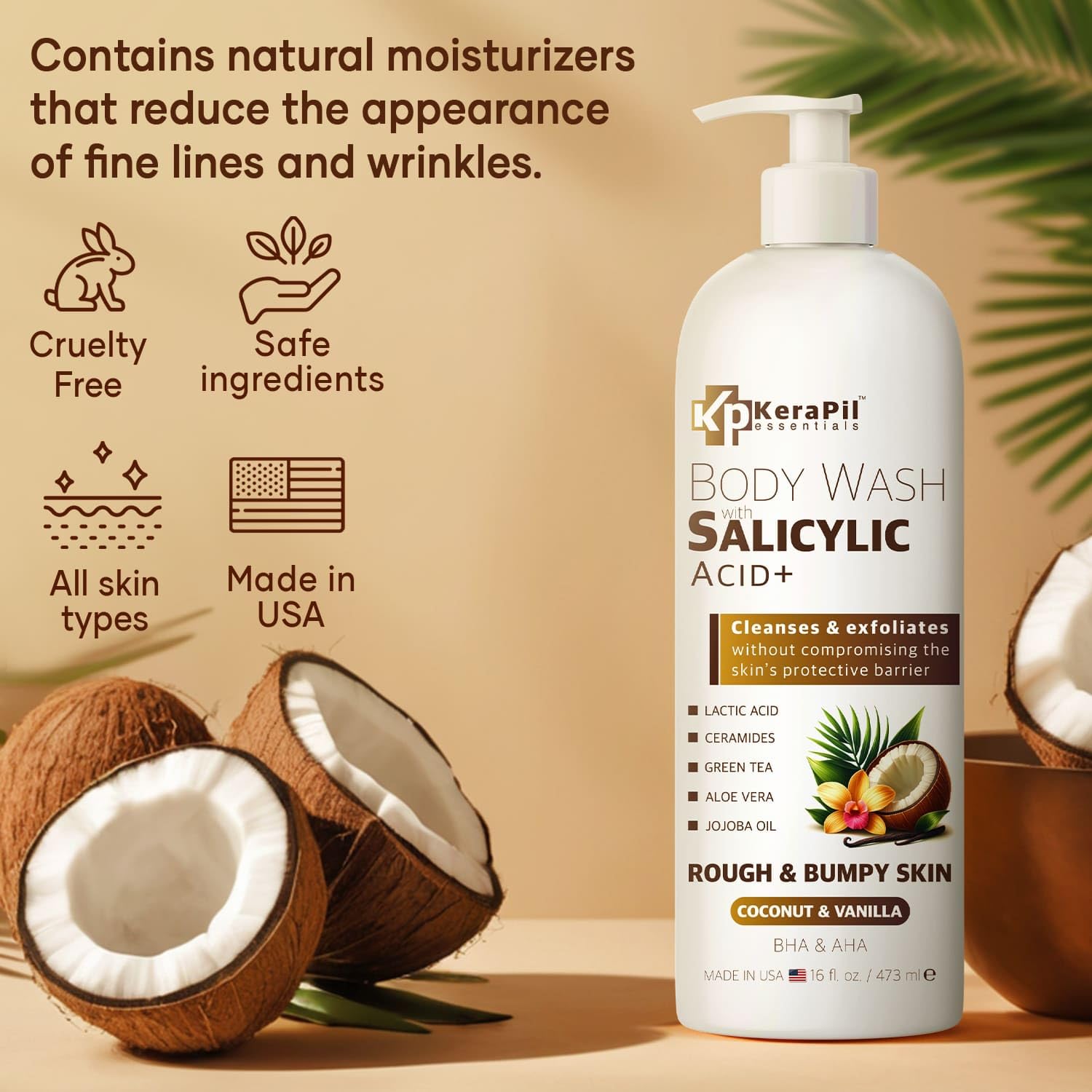 Exfoliating Body Wash with Salicylic Acid for Rough & Bumpy Skin - Gentle BHA & AHA Acne Treatment Body Wash - Coconut Vanilla Scent - Hydrating Formula Prevents Dryness - 16 fl oz x 2 Pack - Perfect for Shower, Post-Workout, and Sensitive Skin Care