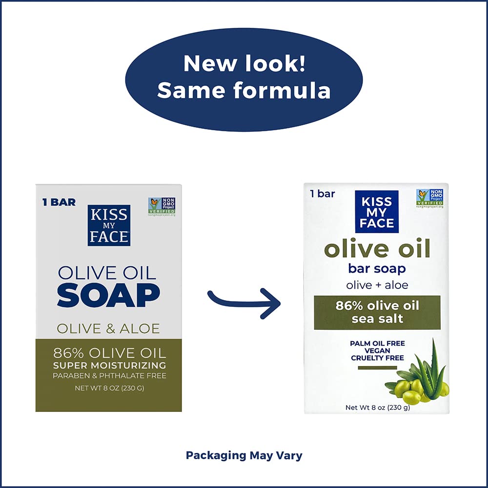 Kiss My Face Olive & Aloe Bar Soap - 8 oz Natural Moisturizing Soap for Men & Women - Gentle Cleansing for Face & Body, Sensitive Skin Care, Eco-Friendly Bath Soap