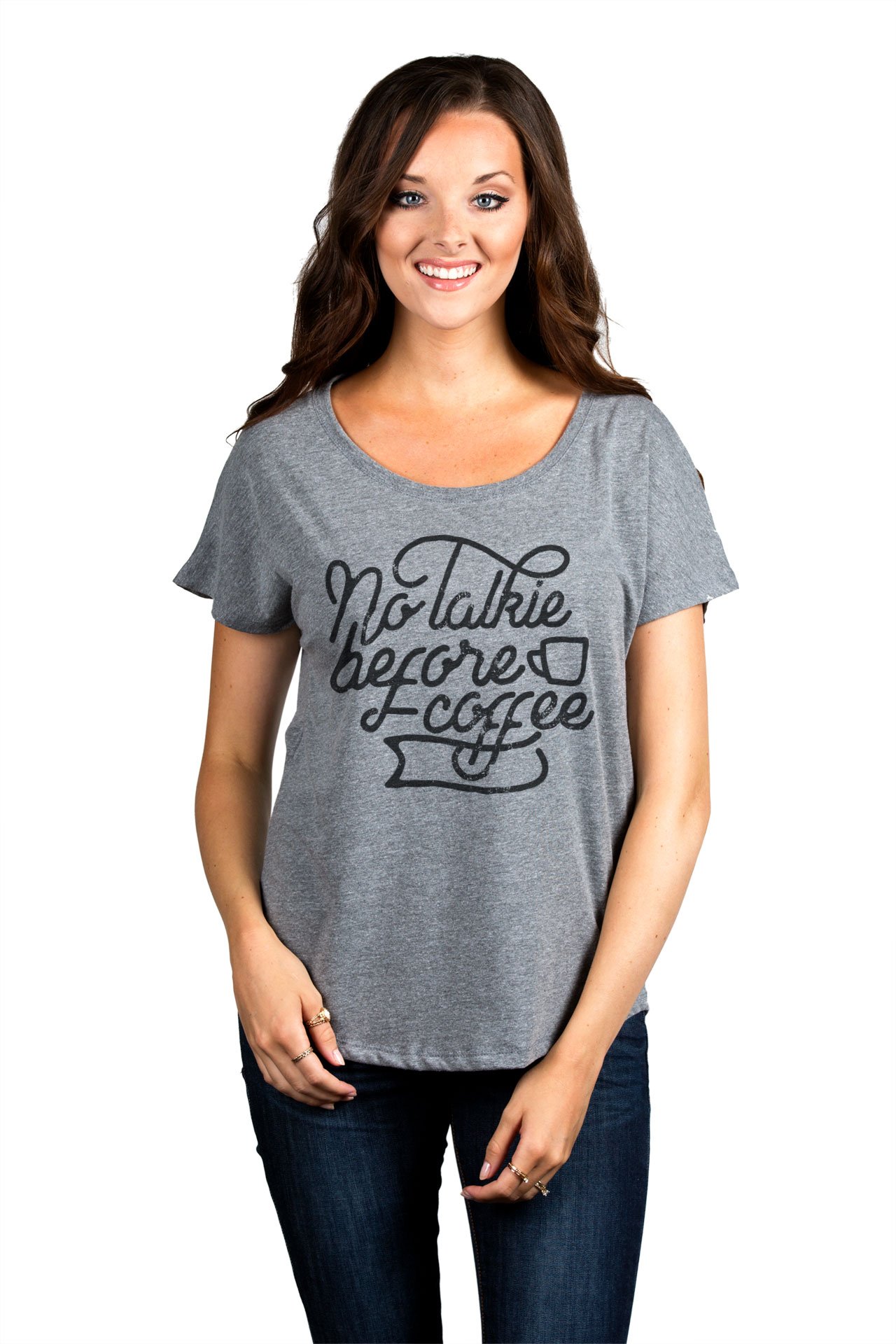 No Talkie Before Coffee Women's Fashion Slouchy Dolman T-Shirt - Casual Loose Fit Tee for Coffee Lovers, Relaxing at Home & Weekend Outfits