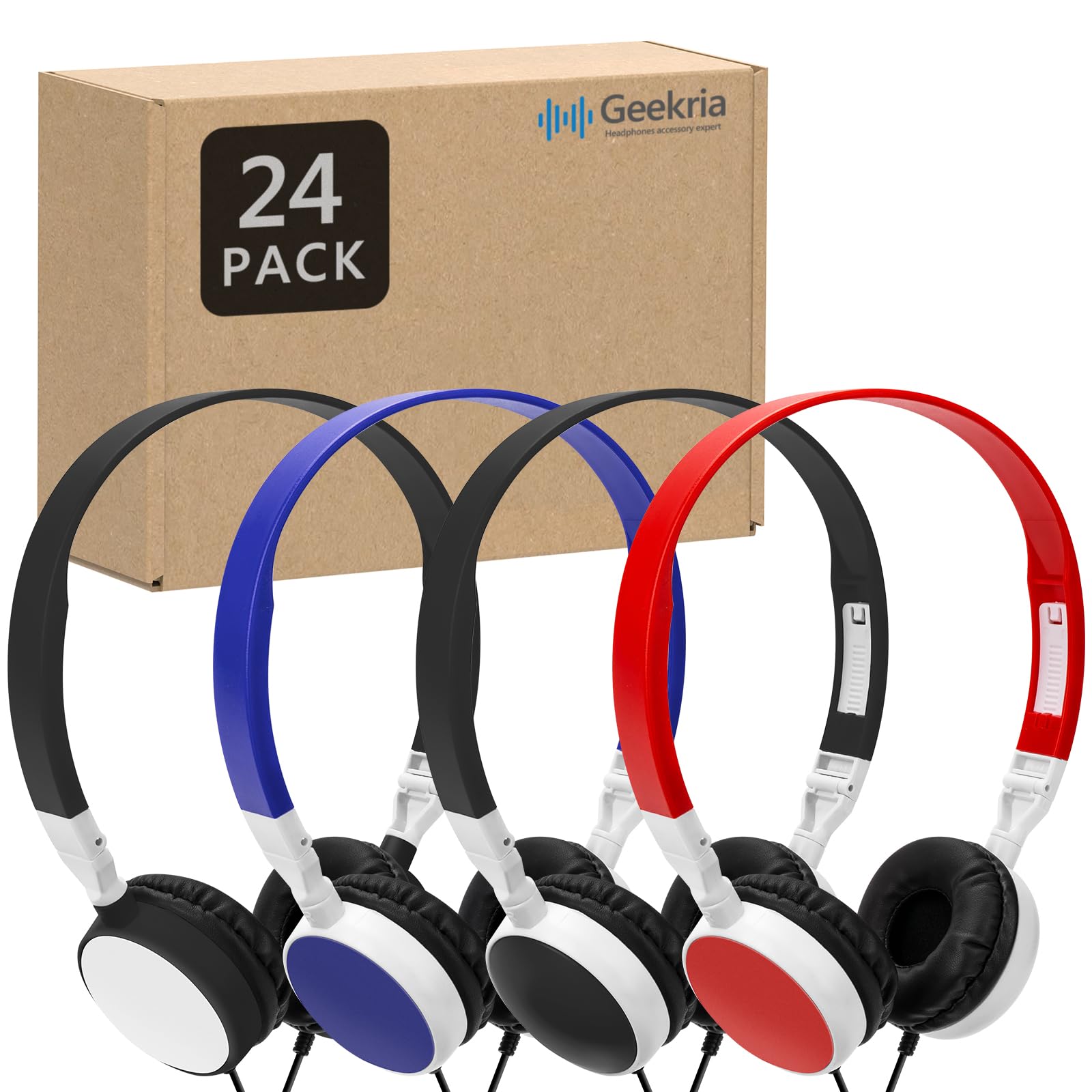 Geekria 24 Pack Adjustable On-Ear Wired Headphones for Kids - Bulk Classroom Headphones for School, Library & Computer Lab Use - Durable Student Headset for Learning & Online Classes