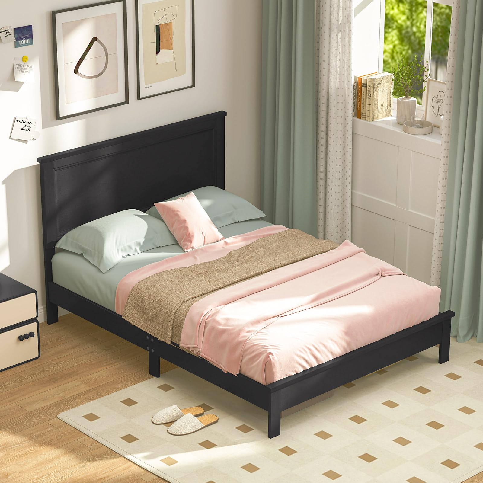 Giantex Full Platform Bed Frame with Headboard - Solid Wood Legs & Wooden Slat Support, Mid Century Modern Style, Easy Assembly, 500 lbs Weight Capacity, Black - Perfect for Master Bedroom, Guest Room & Small Space Living