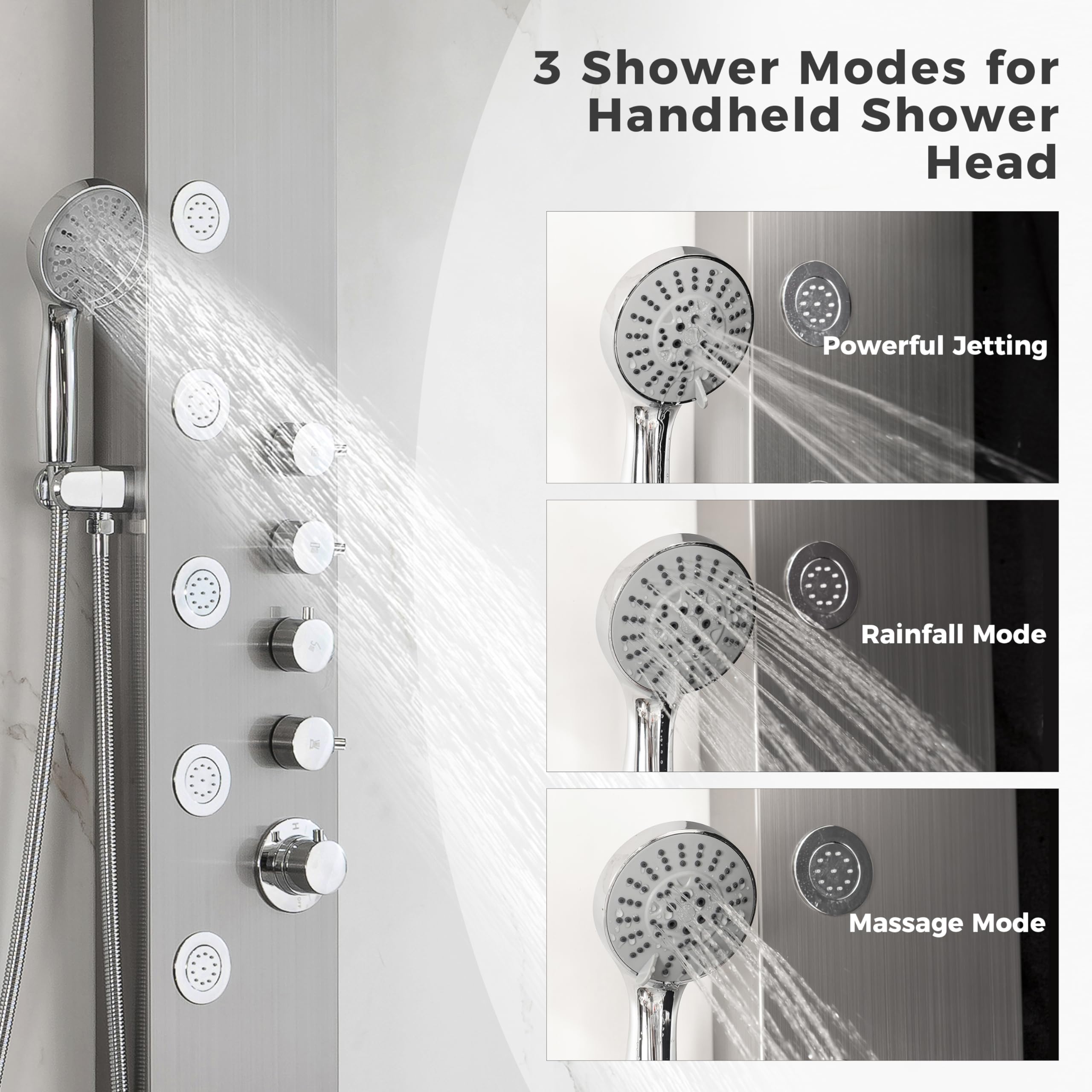 DELAVIN Stainless Steel Shower Panel Tower System - Multi-Function Rainfall Showerhead with Body Jets & Handheld Spray - Brushed Nickel Finish - Perfect for Luxury Bathroom Renovation & Spa-Like Shower Experience