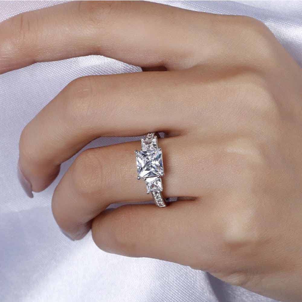 2.6 Carat (ctw) 3-Stone Princess Cut Moissanite Engagement Ring for Women - Platinum Plated Sterling Silver Wedding Band (Size 4.5-11) | Elegant Proposal, Anniversary Gift & Bridal Jewelry