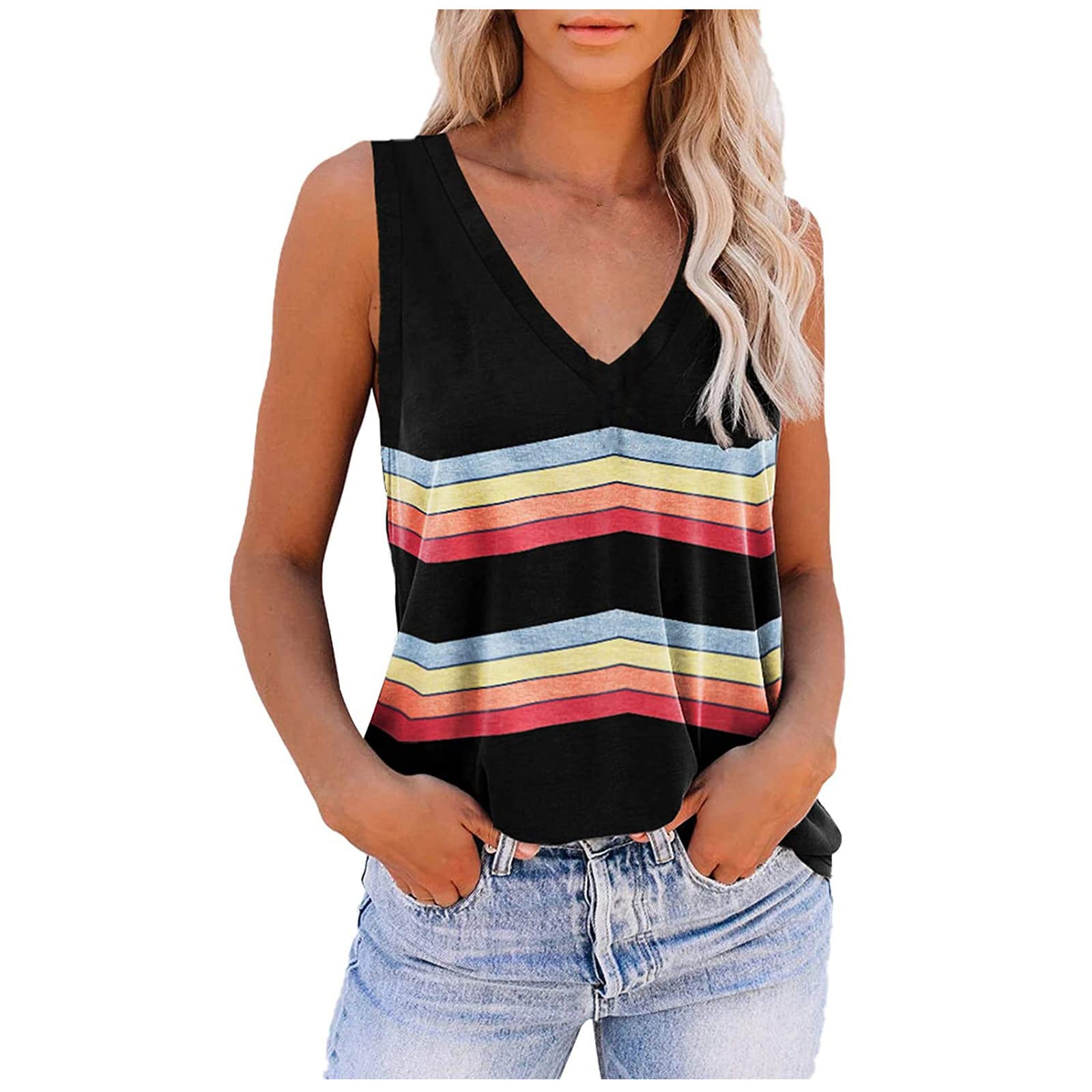Women's Summer Striped V-Neck Tank Top - Casual Sleeveless Loose Blouse for Beach, Travel & Everyday Wear