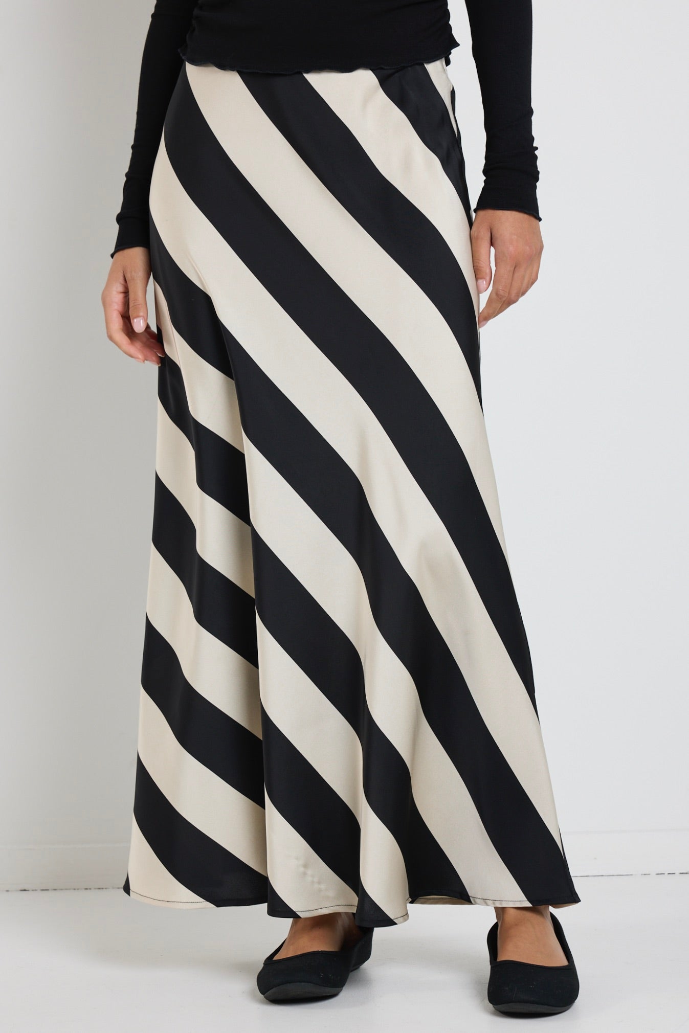 Fiery Black Sand Stripe Satin Bias Maxi Skirt - Elegant Long Flowy Skirt for Women, Perfect for Parties, Weddings & Special Occasions