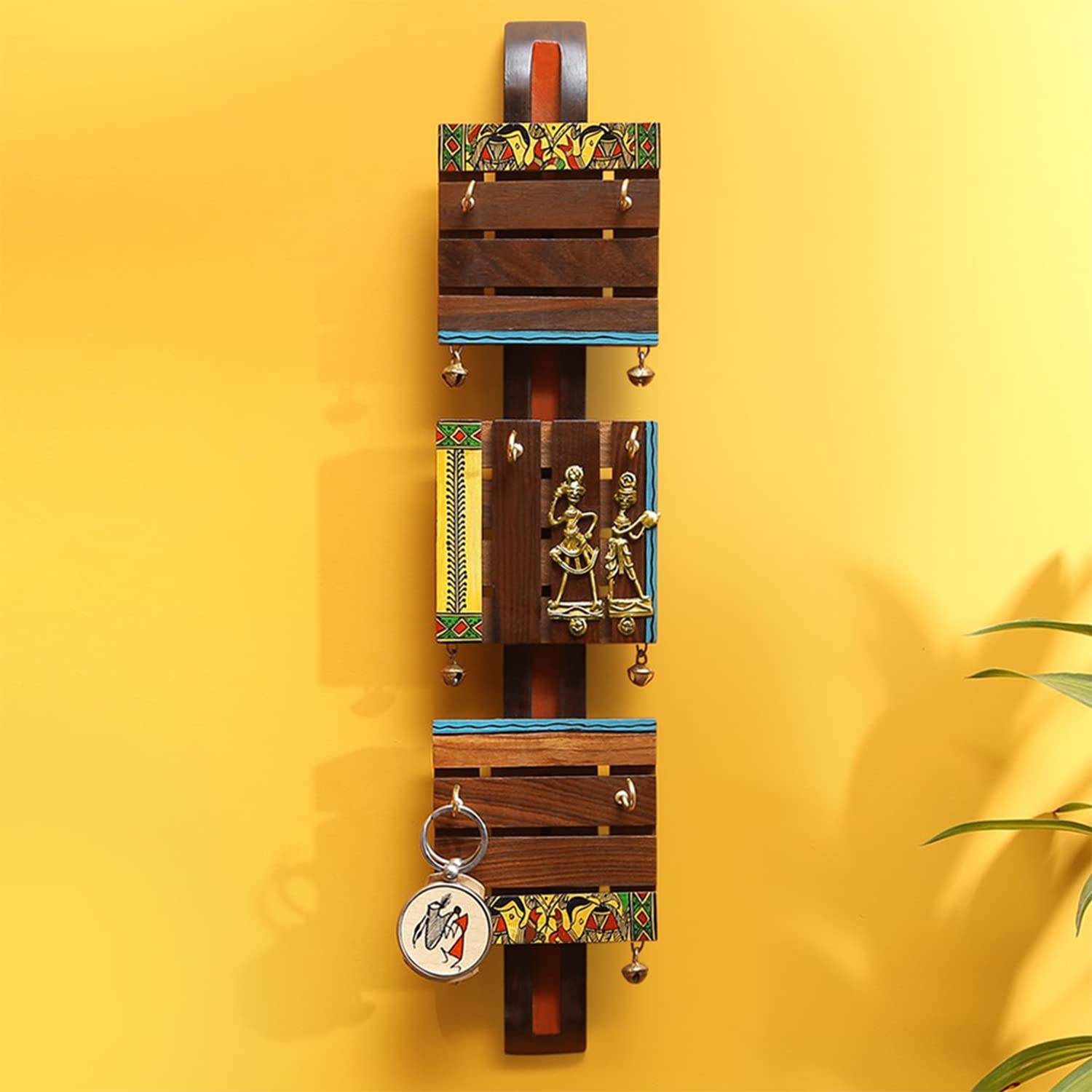 Handcrafted Madhubani Wooden Key Holder - 6 Hooks Wall Mount Key Hanger for Home Décor (Teak & Sheesham Wood) | Unique Indian Folk Art Key Organizer for Entryway, Living Room & Office - Perfect Housewarming Gift