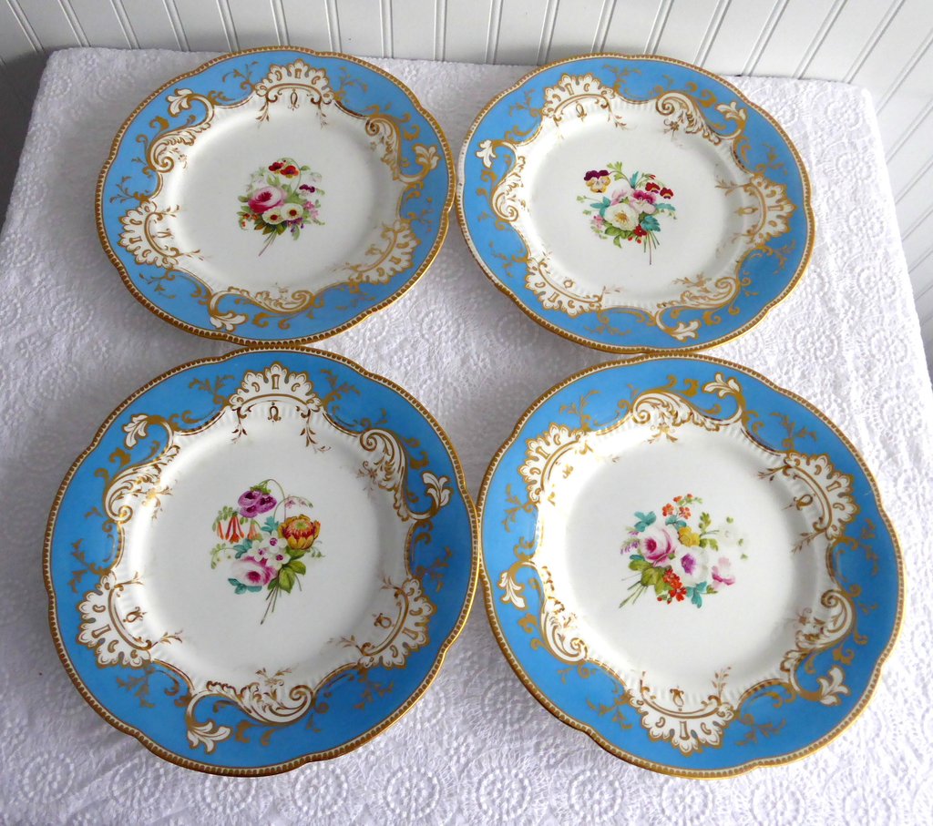 Set of 4 Ridgway Luncheon Plates 1856-1858 - Hand Painted Floral Blue Border Fine China - Perfect for Tea Parties, Bridal Showers & Vintage Table Settings