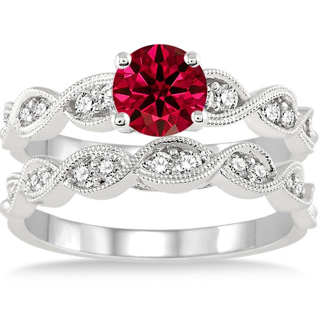 1.5 Carat Ruby & Moissanite Bridal Set - Round Cut Diamond Engagement Ring in 10K White Gold - Perfect for Weddings, Anniversaries & Romantic Gifts