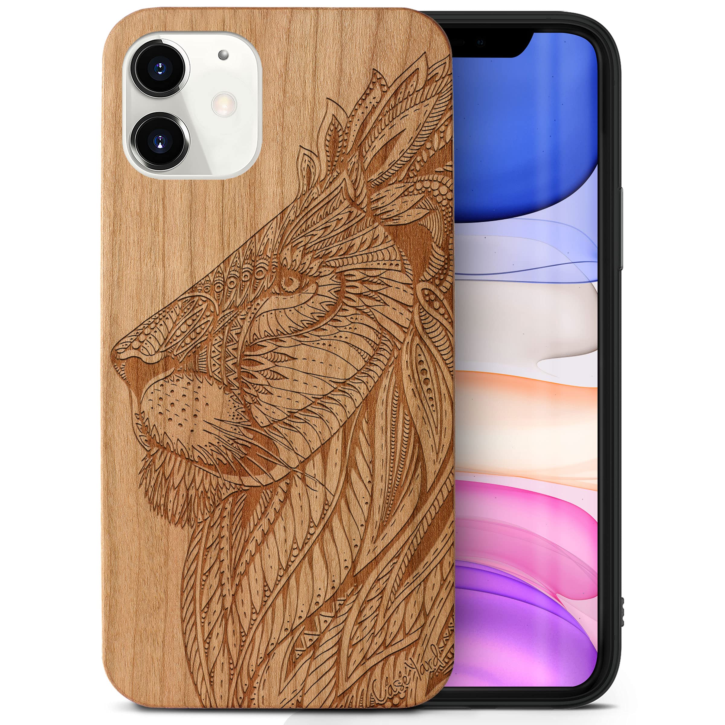 Wooden iPhone 11 Case - Laser Engraved Tribal Lioness Design in Cherry Wood | Slim Fit Shockproof Protective Cover for Men & Women | Perfect for Outdoor Adventures, Travel & Daily Use