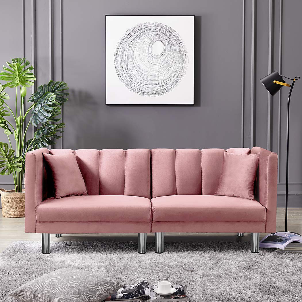 SLEERWAY Velvet Futon Sofa Bed with 2 Pillows - Modern Adjustable Sleeper Sofa (3 Angles) - Convertible Loveseat for Small Spaces - Pink Velvet Couch for Living Room, Bedroom & Studio Apartments