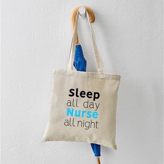 Sleep All Day Nurse All Night Tote Bag - Natural Canvas Reusable Shopping Bag for Nurses, Medical Professionals & Healthcare Workers - Perfect for Work, Groceries & Everyday Use
