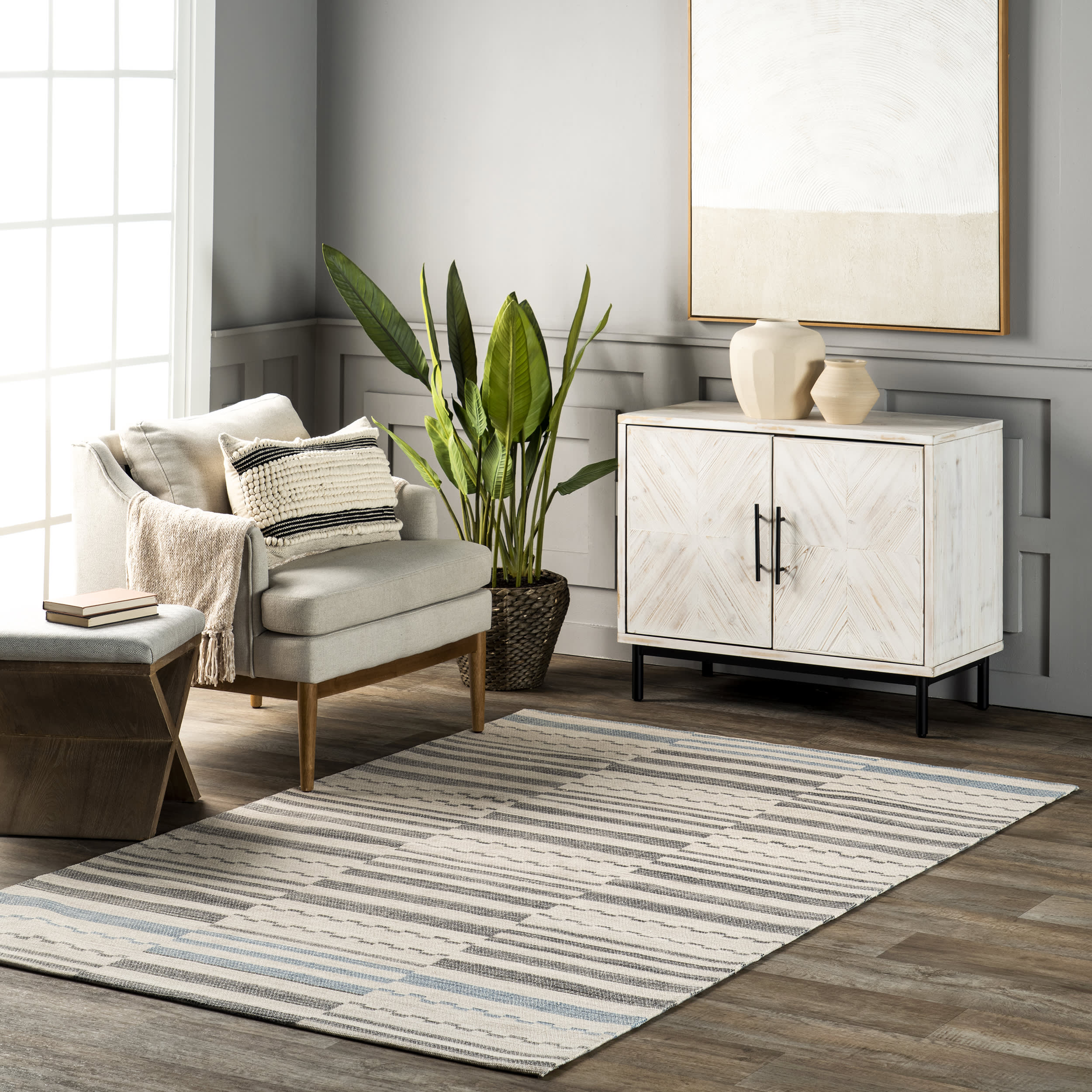 Cosetta Cotton Striped Area Rug - Light Grey | Soft & Durable Floor Mat for Living Room, Bedroom, Nursery | Machine Washable Home Decor