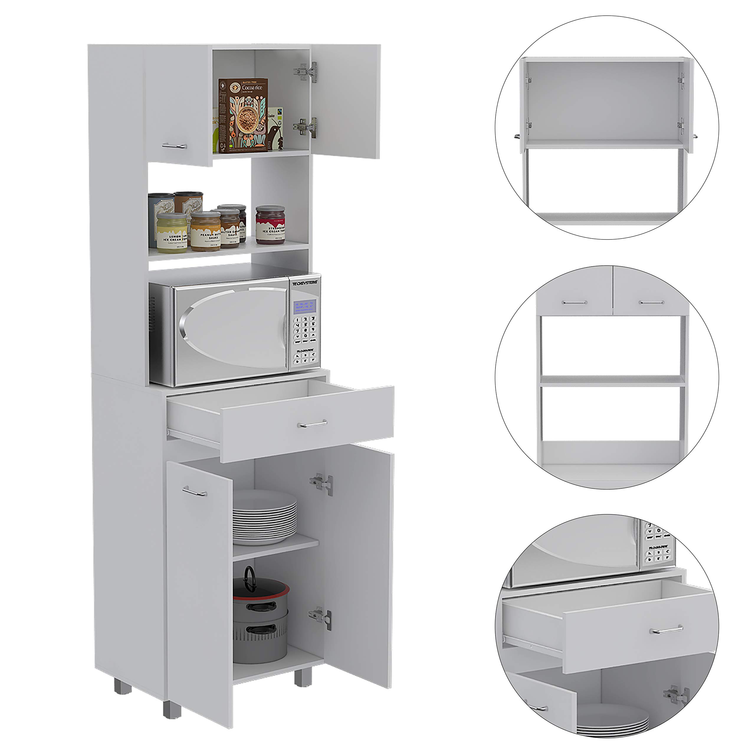 White Auburn Microwave Pantry Cabinet with 2 Storage Cabinets, 2 Open Shelves & Drawer - Perfect for Kitchen Organization & Small Space Storage