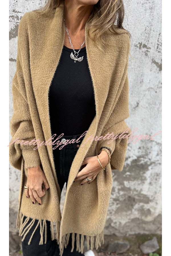 Cozy Knit Plush Tassel Trim Relaxed Shawl Cardigan for Women - Soft Warm Winter Wrap Sweater for Lounge, Travel & Casual Outfits