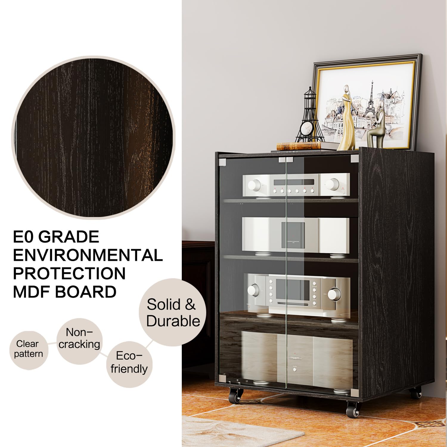 4-Tier Adjustable Media Storage Cabinet with Glass Doors & Pulley - Modern AV Stand for CDs, DVDs, Gaming Consoles & Stereo Components - Perfect for Living Room, Home Theater & Entertainment Centers