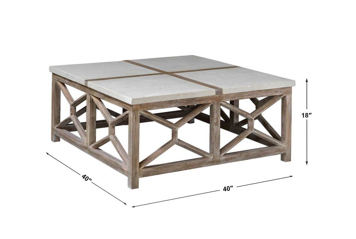 MY SWANKY HOME Light Weathered Wood Coffee Table with Stone Top - Natural Minimalist Square Design for Living Room, Lounge & Modern Home Decor