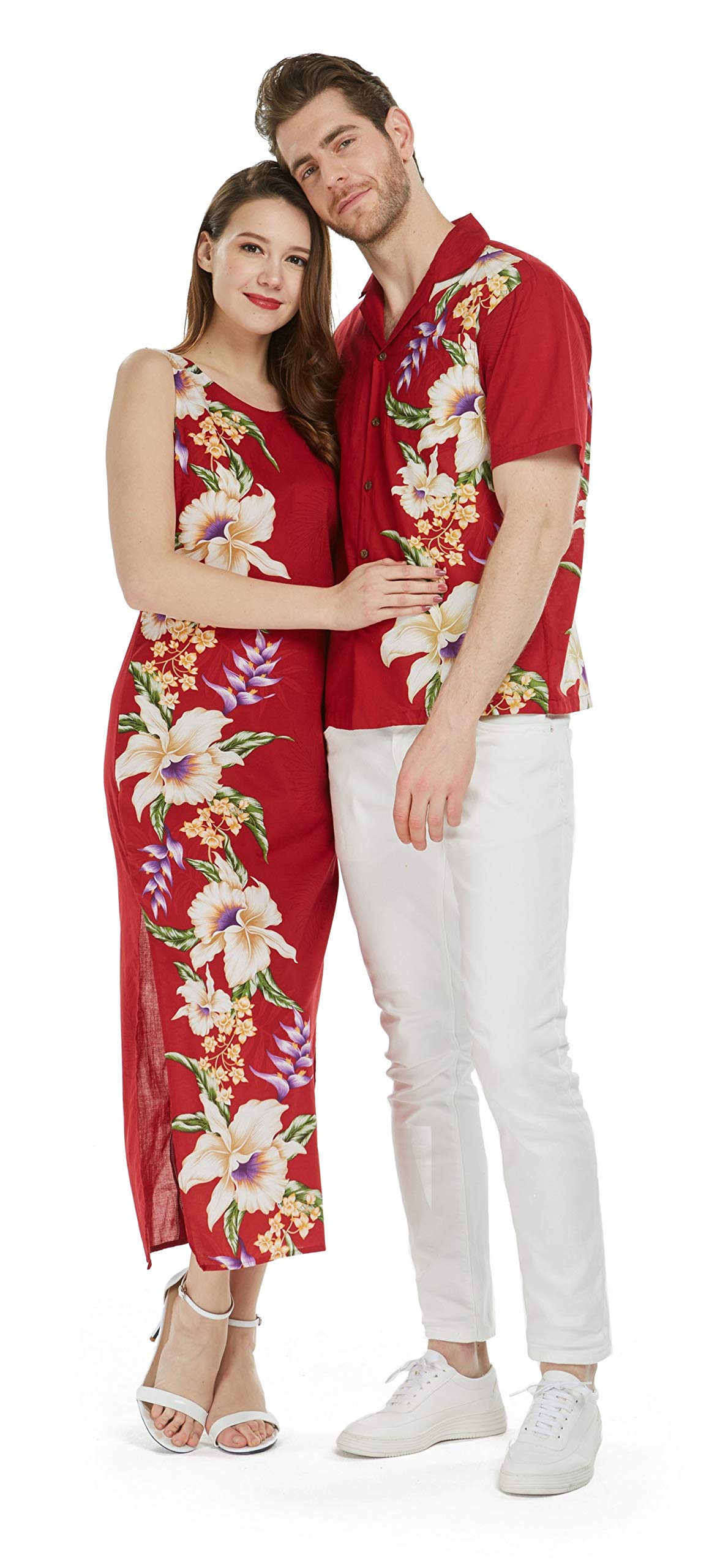 Hawaiian Couple Matching Luau Aloha Shirt & Maxi Tank Dress - Floral Black Side Print | Beach Vacation, Summer Party, Tropical Date Night Outfits