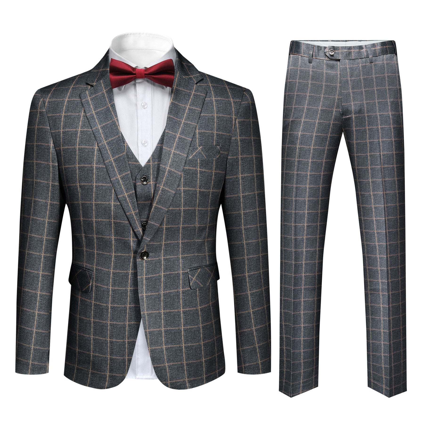 3 Piece Slim Fit Grey Plaid Modern Suit for Men - Business Formal & Wedding Attire - Office, Interviews & Special Occasions