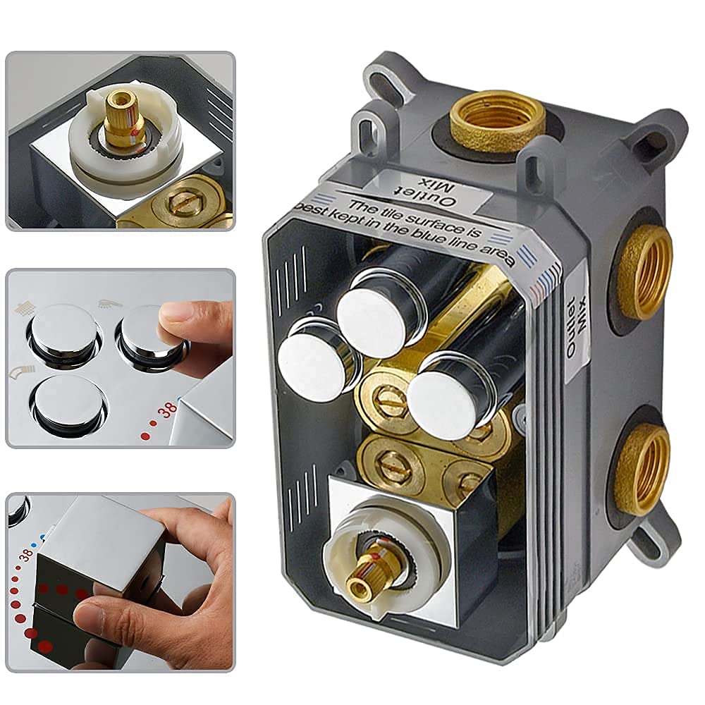 3-Function Brass Shower Diverter Thermostatic Valve - Pressure Balanced Mixer with Polished Chrome Trim - Simultaneous Multi-Function Use for Bathroom, Spa & Luxury Shower Systems