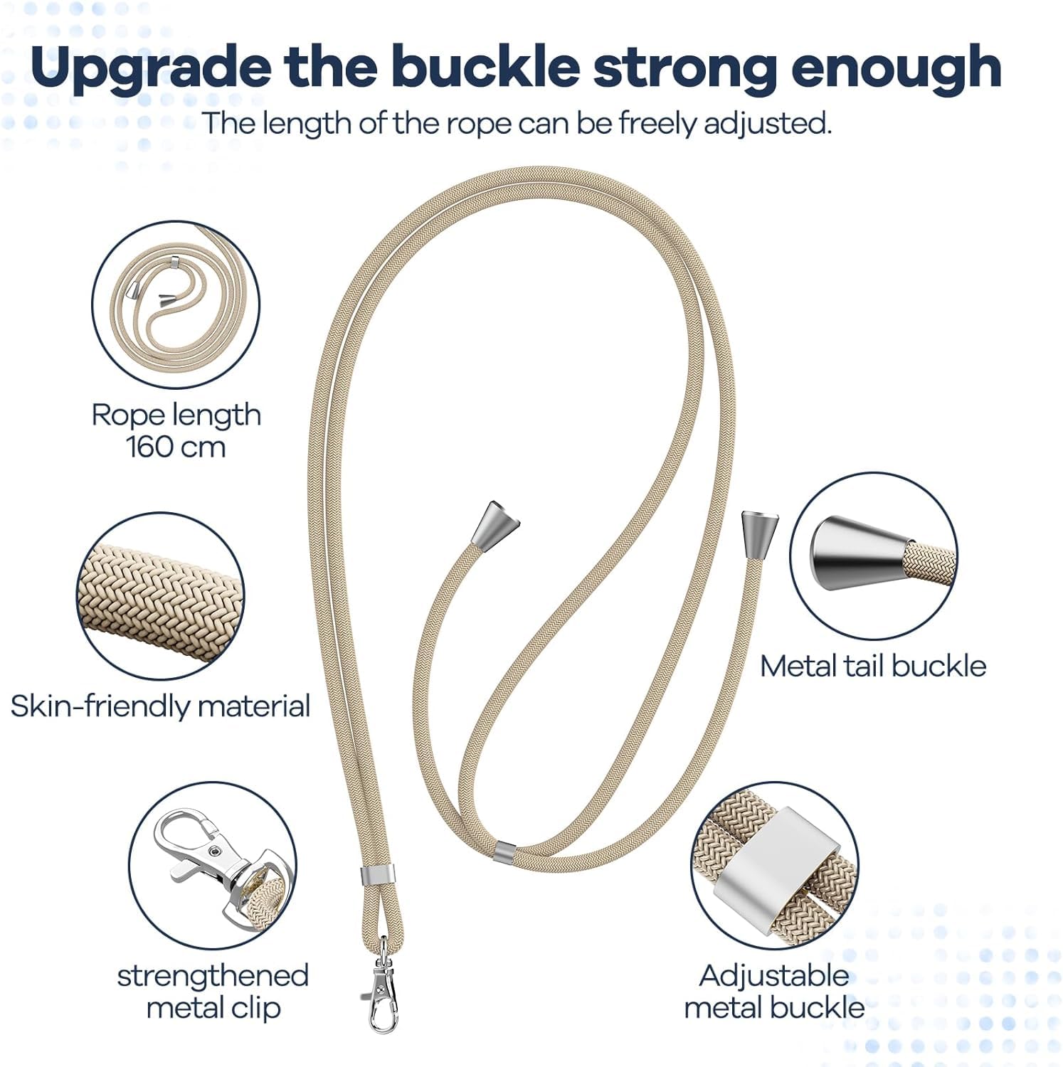 Caslord Adjustable Phone Lanyard with 2 Durable Black Patches - 1.6m Portable Neck Strap Compatible with All Smartphones & Most Cases (Gold) - Perfect for Travel, Work, Gym & Outdoor Activities