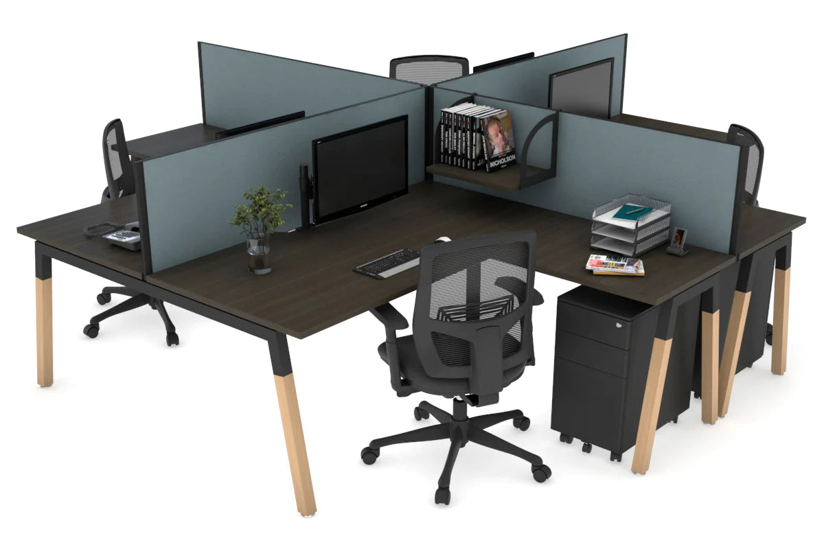 Quadro Wood A Legs Cross Beam 4-Person Corner Workstation Desk - 1600L x 1800W with Cable Management Scallop - Perfect for Office, Home Workspace & Collaborative Environments