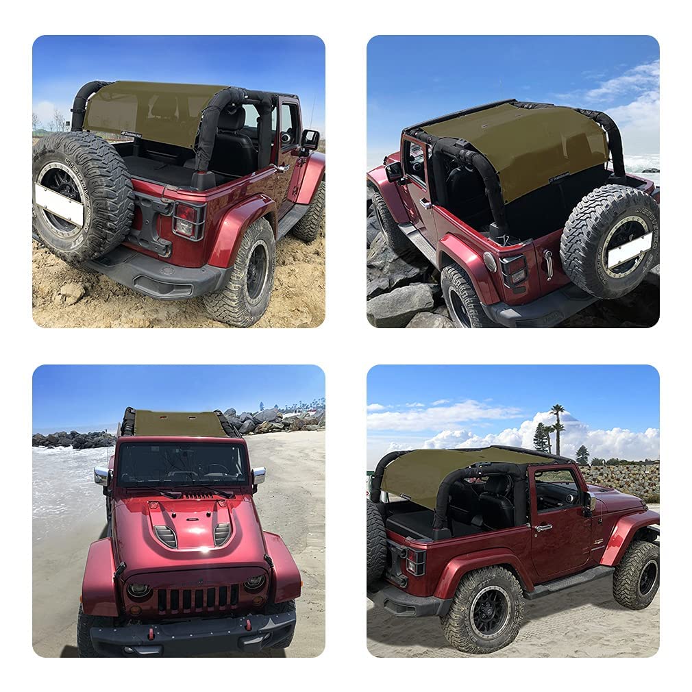 Shadeidea JK Sun Shade Top for Jeep Wrangler JKU (2007-2018) - Soft Mesh Roof Cover, Wind Noise & UV Protection, 10-Year Warranty, 2-Door, Tank Green, Full Length Front/Rear/Back - Perfect for Off-Roading, Beach Trips & Summer Driving