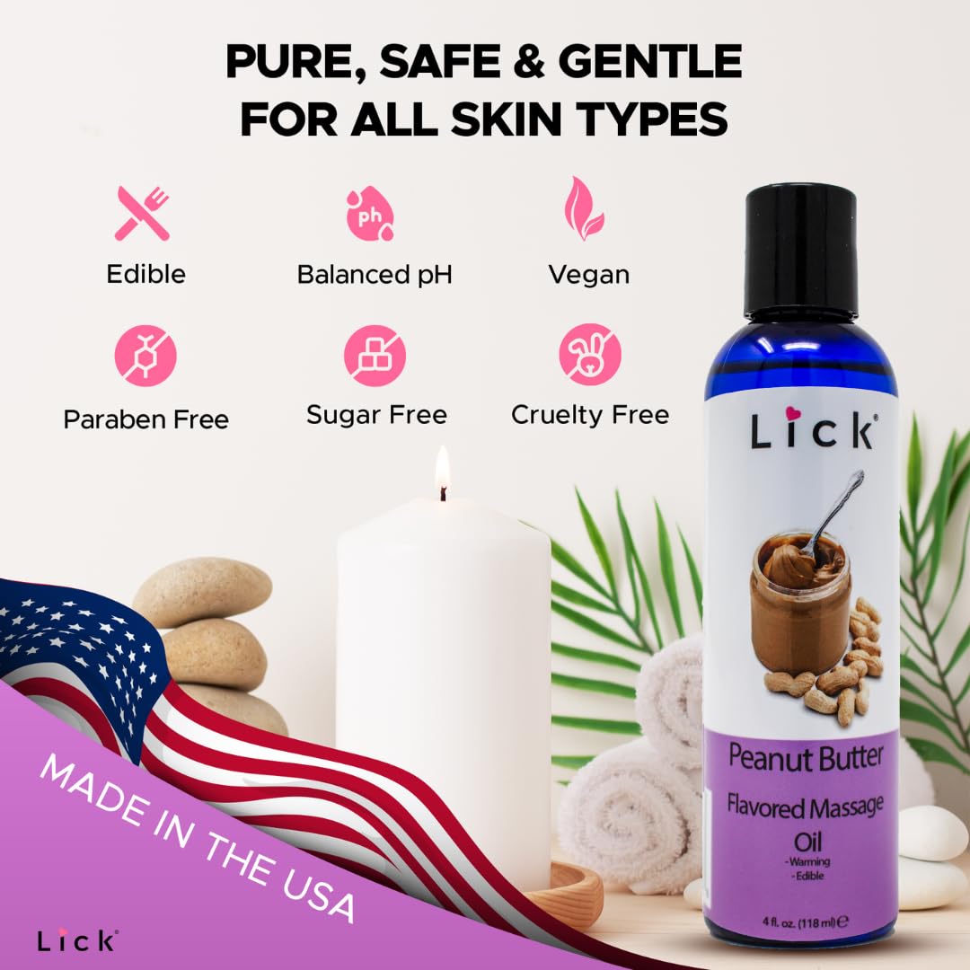 Peanut Butter Flavored Massage Oil with Vitamin E, Coconut & Sweet Almond Oil - Edible & Safe for Couples, Nuru & Yoni Massage - 4oz | Perfect for Romantic Date Nights & Sensual Massage Therapy