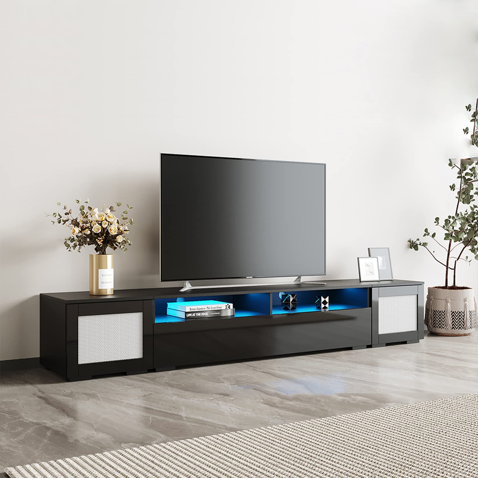 3-Piece Modern Extended TV Stand Console for TVs Up to 85 Inches - Rattan Style Entertainment Center with Color-Changing LED Lights & Push-to-Open Doors - Black - Perfect for Home Theater, Living Room & Media Room Setup