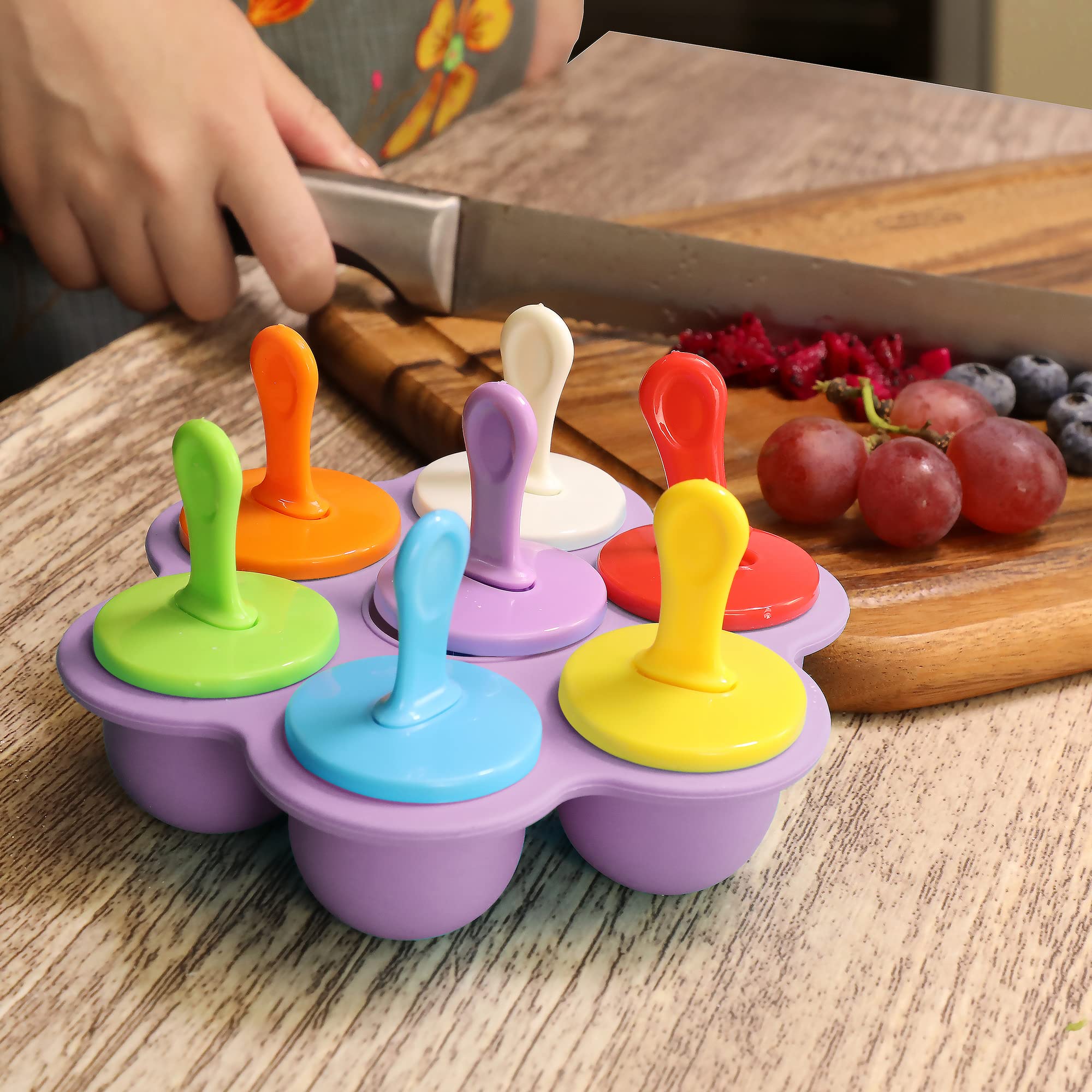 7-Cavity Silicone Popsicle Molds with Colorful Sticks - Non-Stick DIY Ice Cream, Egg Bite & Cake Molds - BPA-Free Food Grade Storage Containers (Purple) | Perfect for Summer Treats, Kids Snacks & Party Desserts
