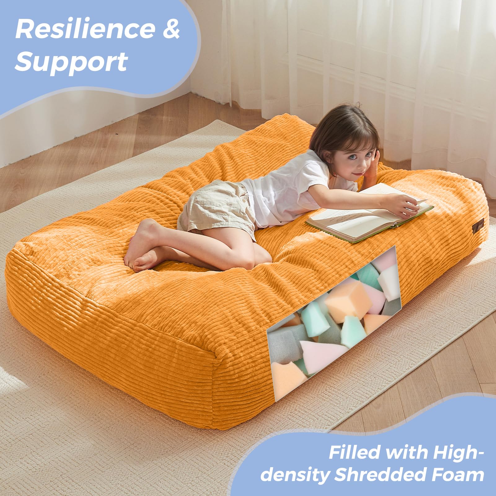 MAXYOYO Kids Corduroy Bean Bag Chair & Floor Mattress - Convertible 2-in-1 Furniture for Bedroom, Playroom & Dorm | Soft Orange Fabric for Reading, Gaming & Relaxation