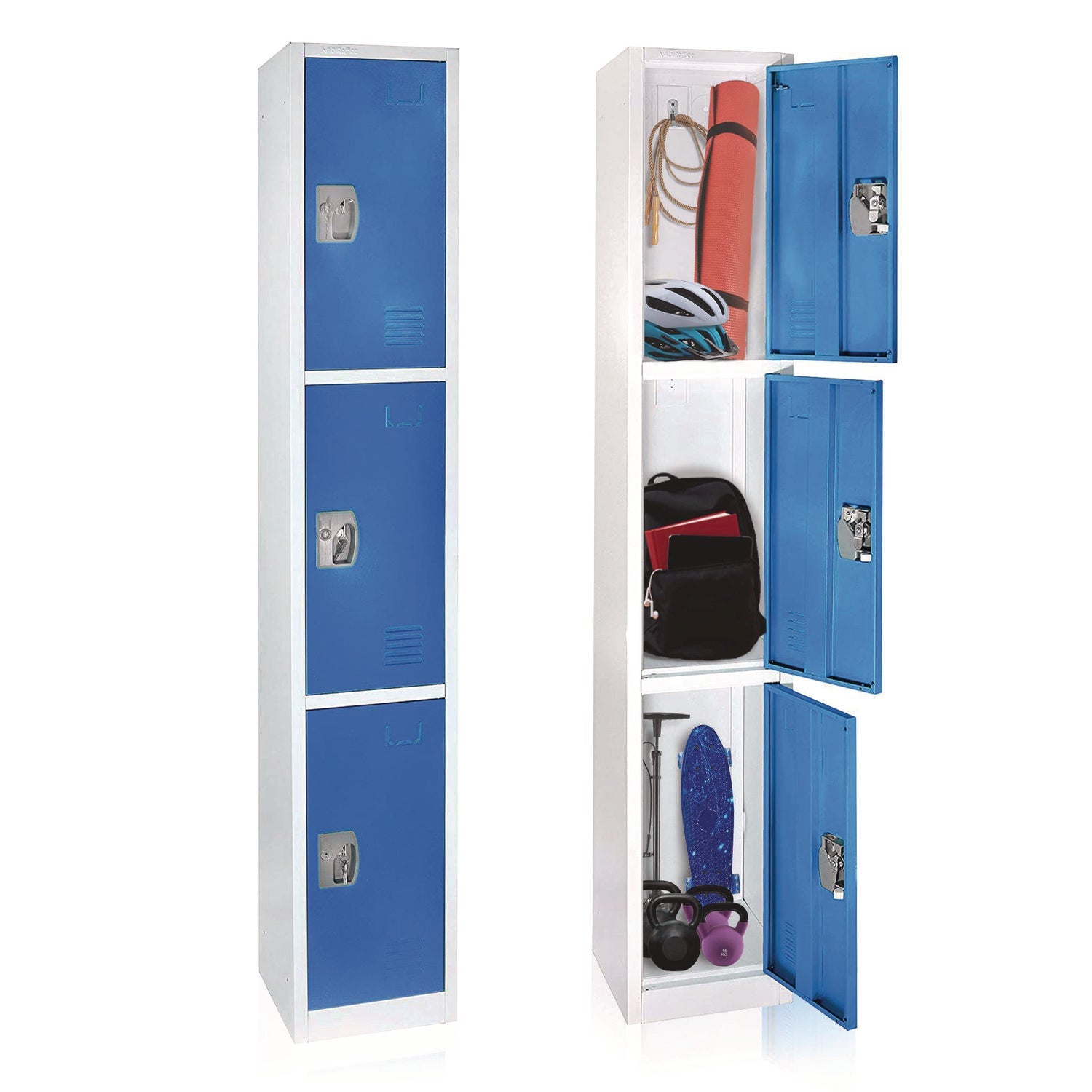Steel Storage Locker with 3 Compartments - 12 x 12 x 72 Inches, Blue - Heavy-Duty School, Gym & Office Locker for Secure Storage