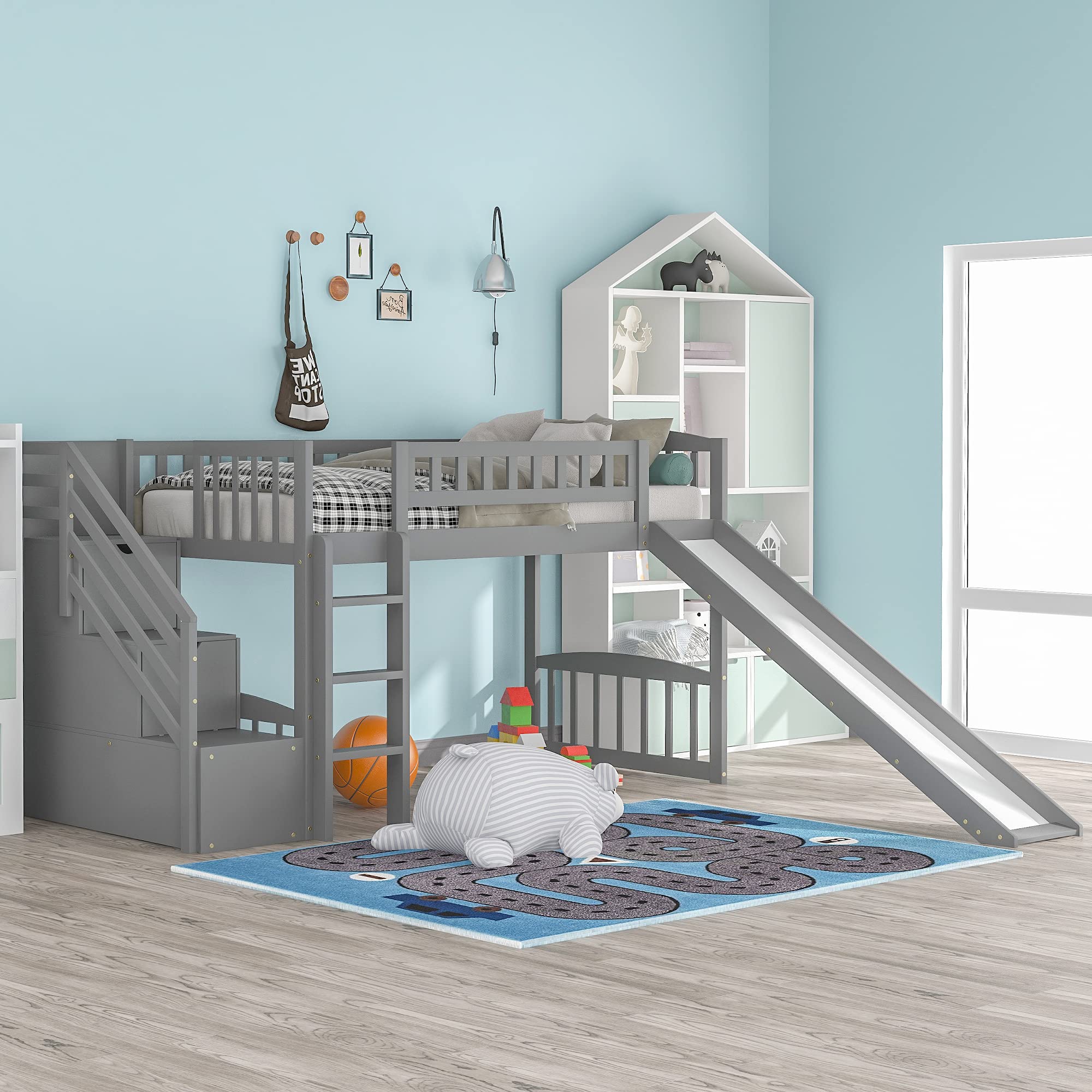 Danxee Twin Loft Bed with 2 Drawers & Slide - Sturdy Wood Loft Bed with Staircase, No Box Spring Required (Gray) - Perfect for Kids' Bedroom, Dorm Room & Space-Saving Small Apartments