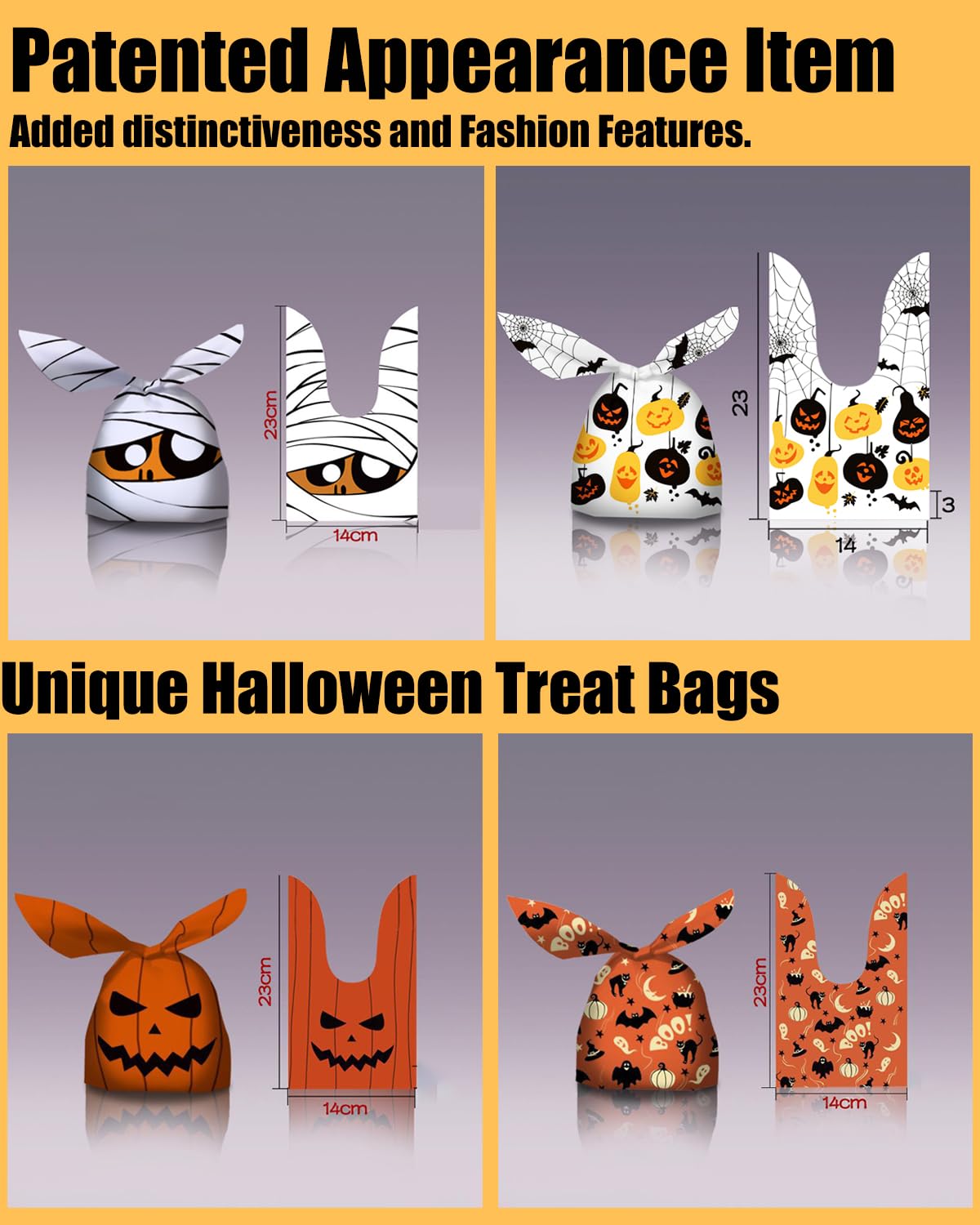 KOCOVIMI 100Pcs Halloween Trick or Treat Bags - 4 Style Cute Rabbit Ear Candy Bags for Kids Party Favors | Durable Halloween Goodie Bags for Trick-or-Treating, School Events & Halloween Parties