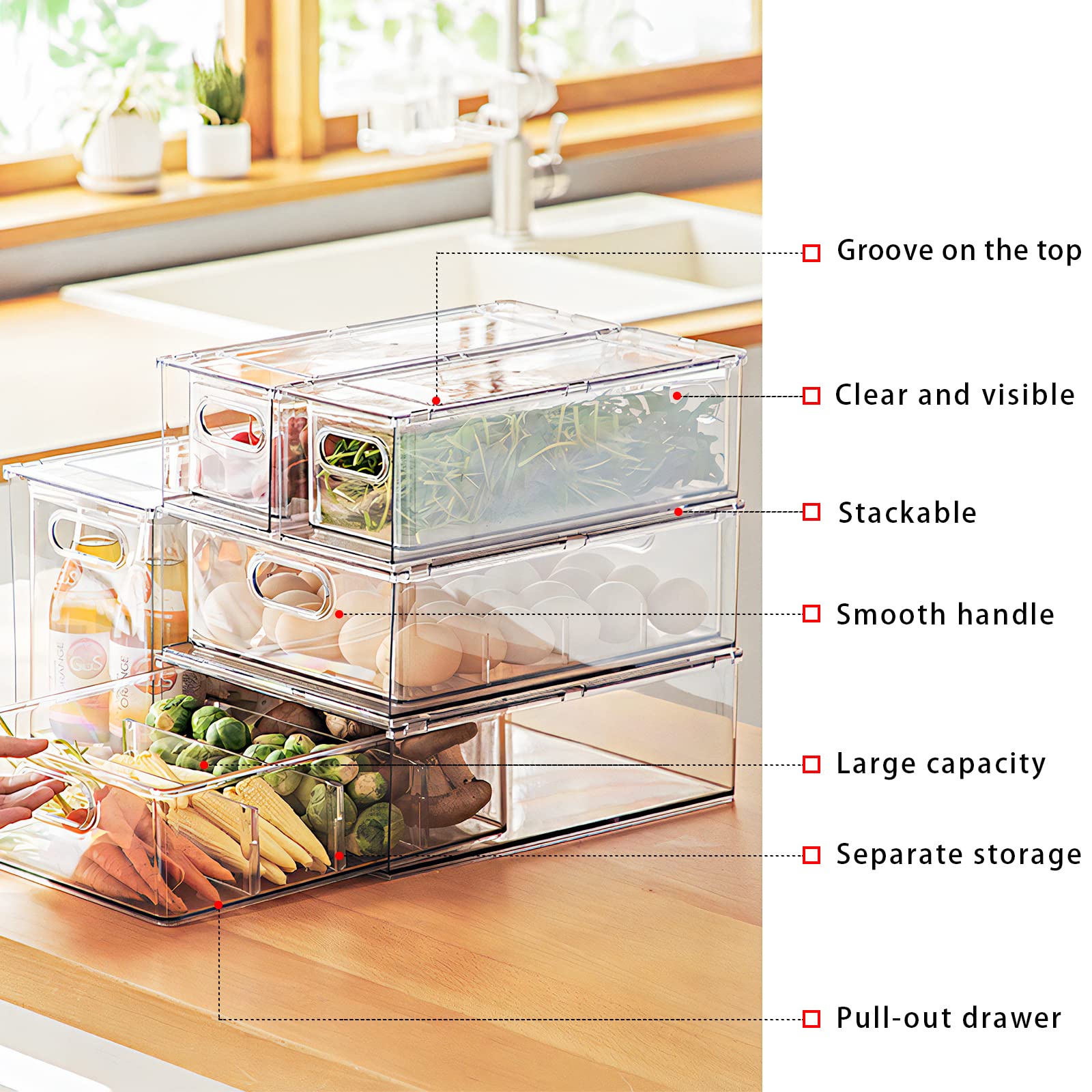 Clear Stackable Refrigerator Drawer Organizer Bins with Handles & Dividers - 4 Pack Plastic Food Storage Containers for Pantry, Cabinet, Kitchen | Perfect for Fruits, Vegetables, Meal Prep & Closet Organization