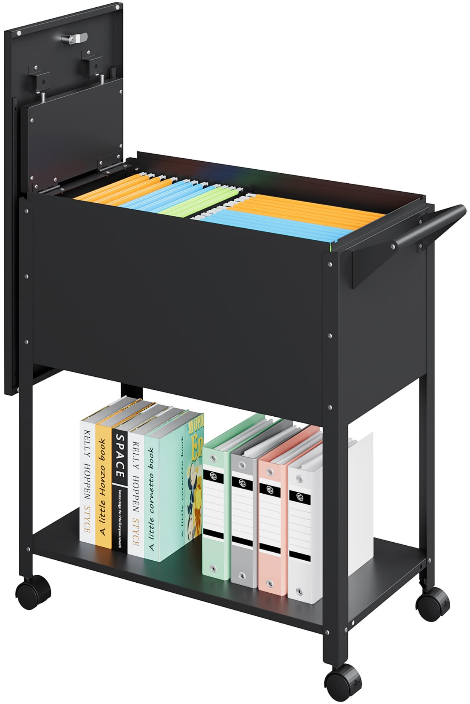 Black Metal Rolling File Cart with Wheels - Hanging File Organizer Cabinet for A4/F4/Letter/Legal Size Documents - Mobile Office Storage Solution for Home & Office Workspace Organization