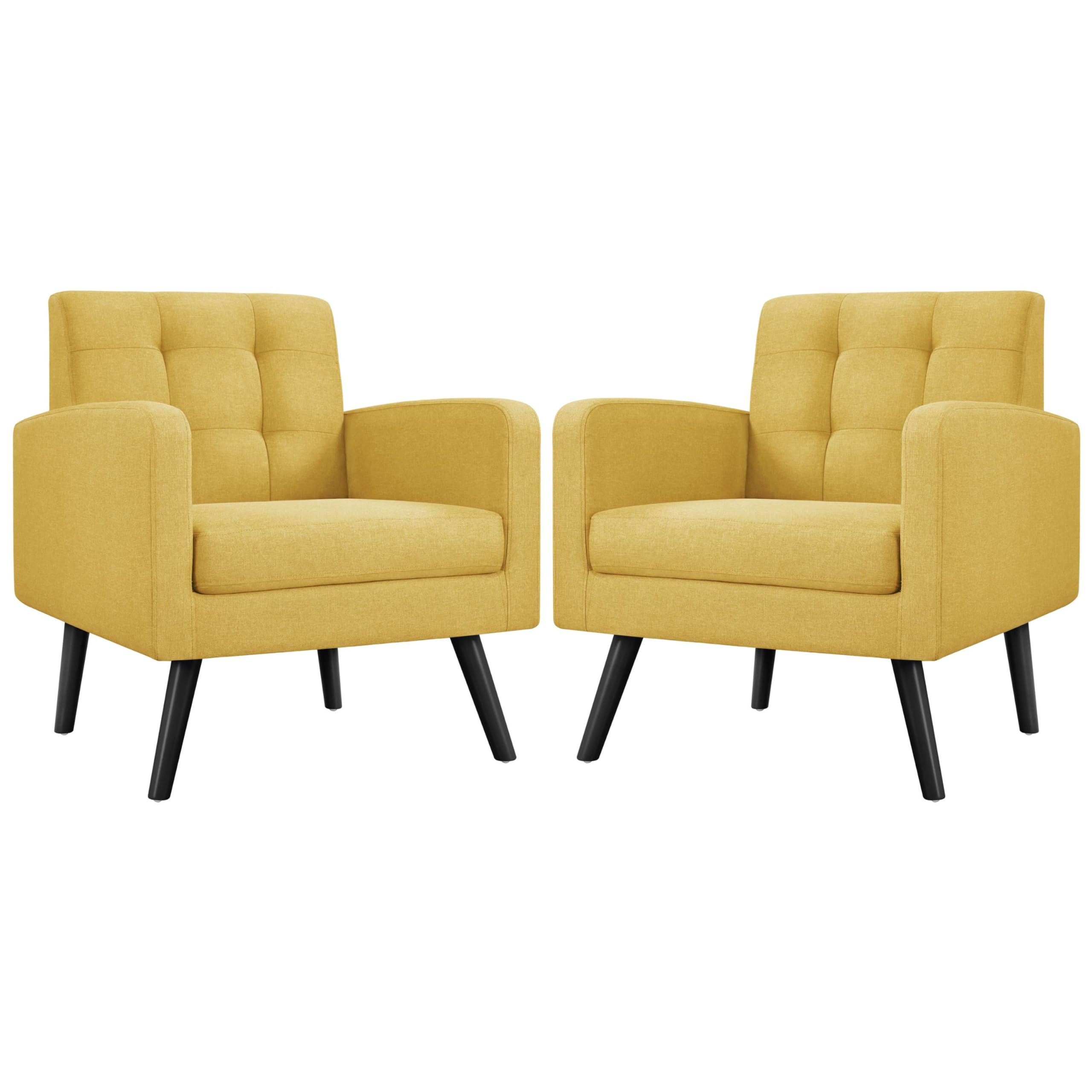 Yaheetech Mid-Century Modern Accent Chairs Set of 2 - Upholstered Living Room Armchairs with Button Tufted Back & Wooden Legs, Yellow - Perfect for Bedroom, Office, Cafe & Lounge Decor
