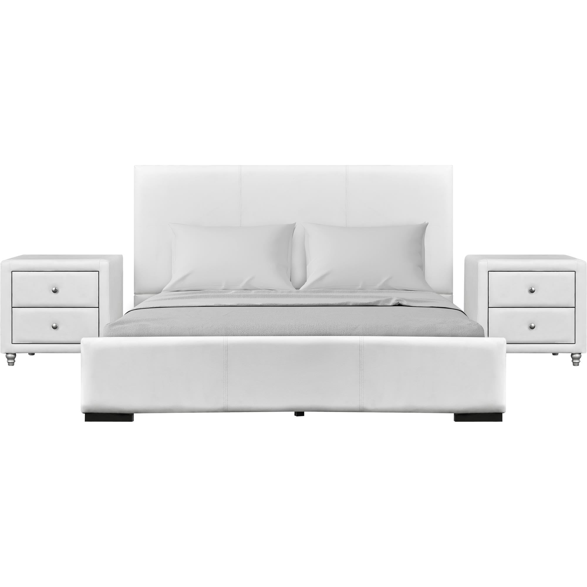 Camden Isle Hindes Upholstered Platform Bed with 2 Nightstands - Queen Size White Bed Frame for Master Bedroom & Guest Room