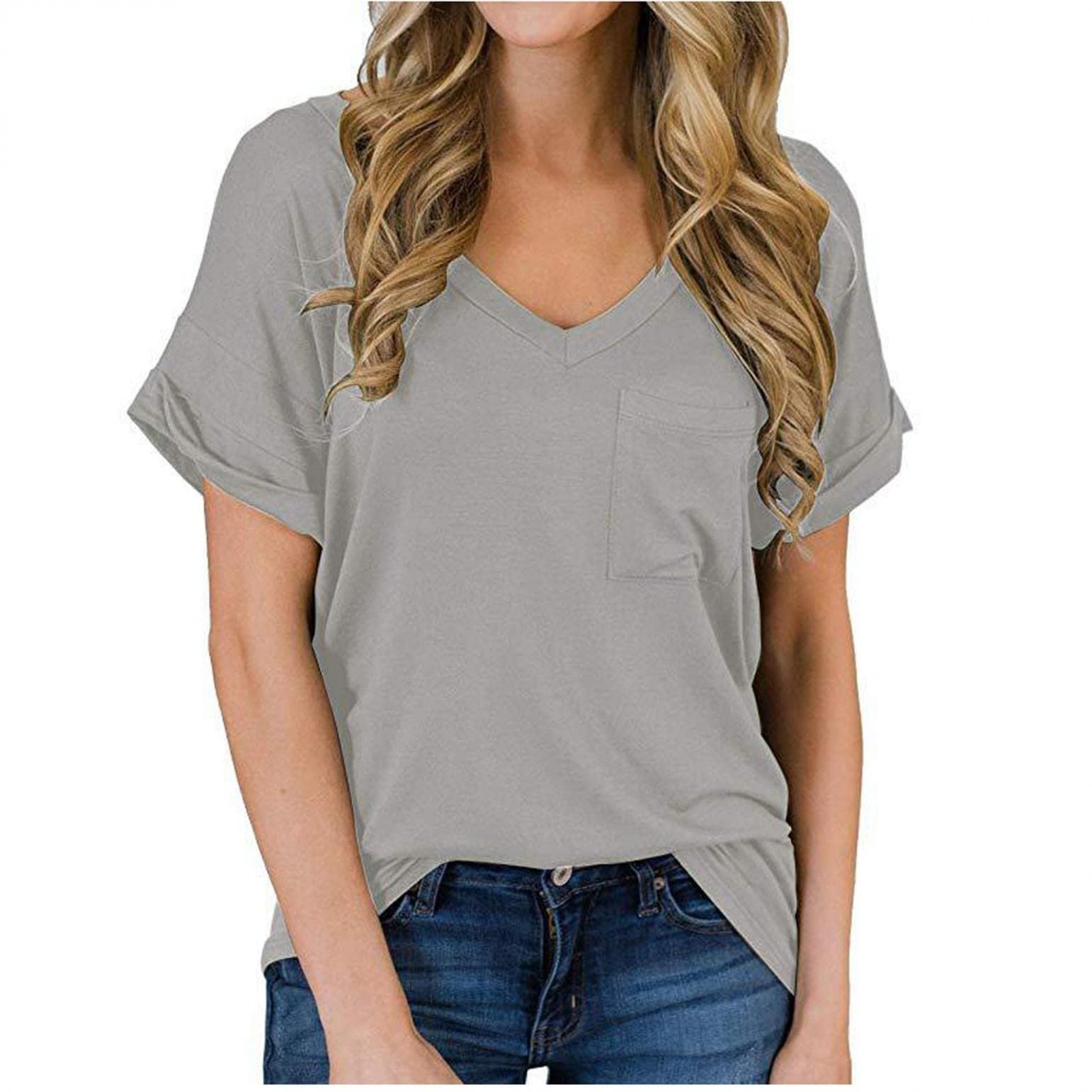 Trendy Women's Short Sleeve V-Neck T-Shirts - Comfortable Solid Color Blouse & Tunics for Casual Wear, Work, and Everyday Outfits