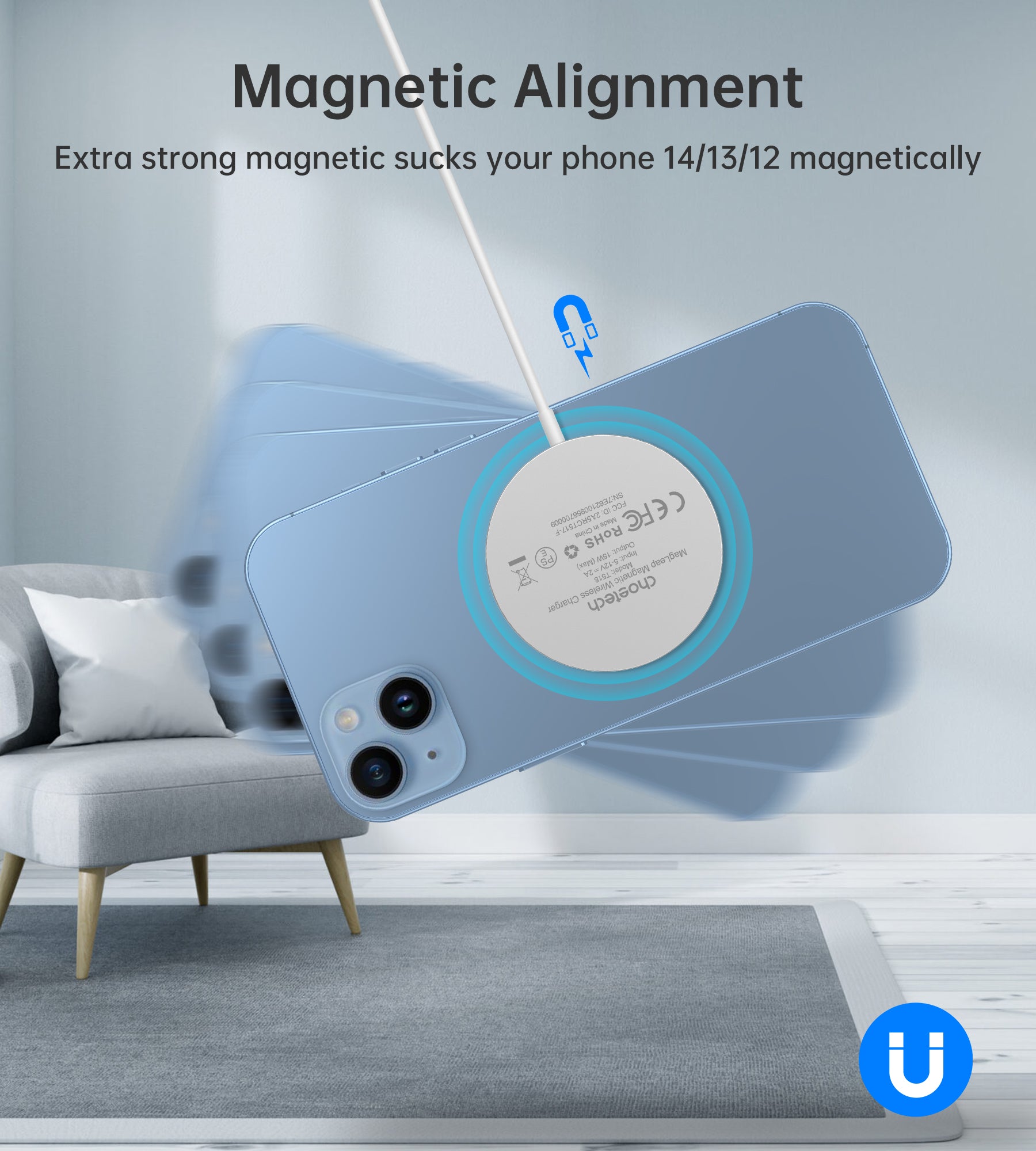 CHOETECH T518 Magnetic Wireless Charger - Magsafe Compatible for iPhone 16/15/14/13/12 Series, AirPods 2/3/Pro - Fast Charging Stand/Pad with 5ft Cable | Perfect for Home, Office & Travel Use