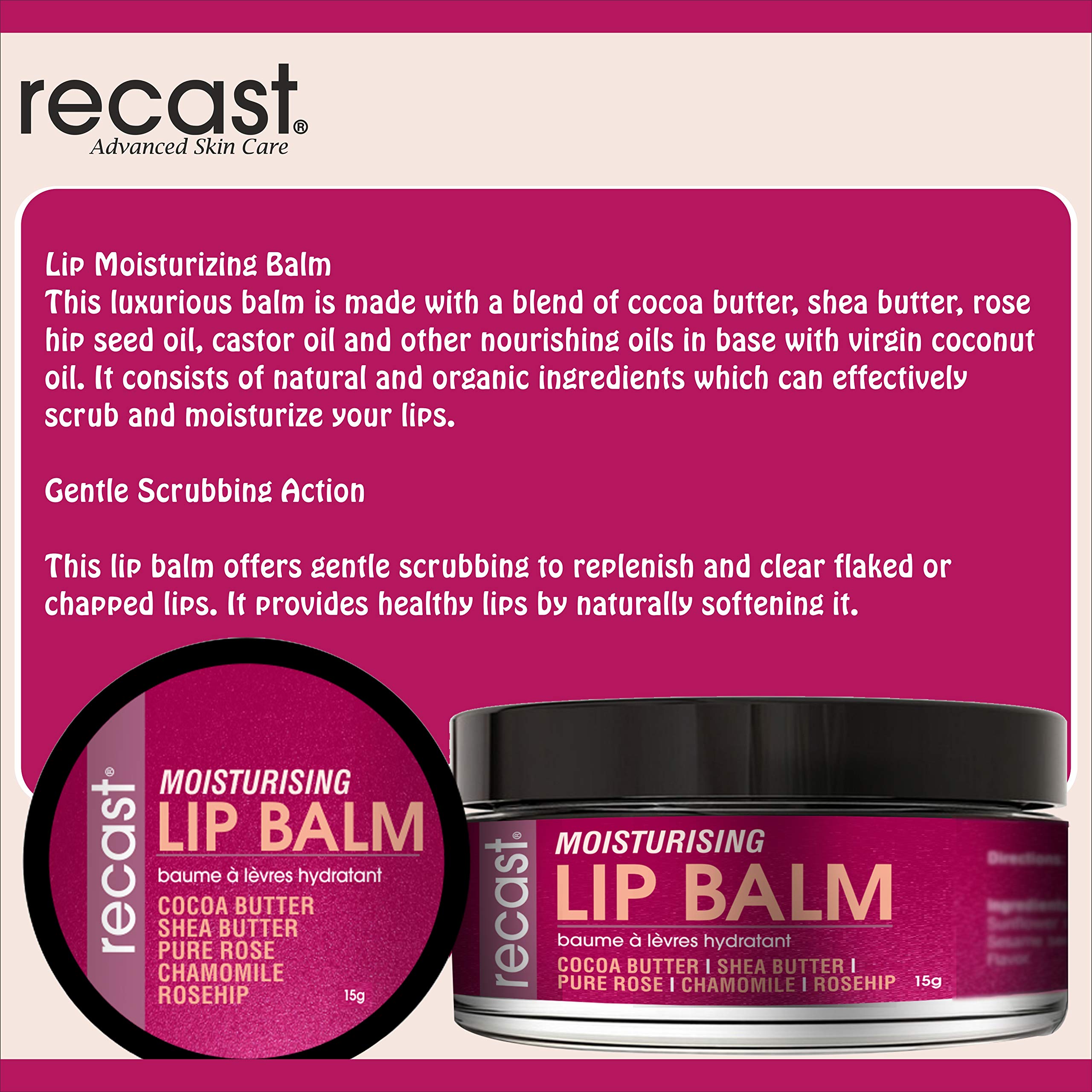 Recast Moisturizing Lip Balm - Lightening, Restoring & Hydrating with Pure Rose, Cocoa Butter, Shea Butter & Rosehip Seed Oil (15g) - Perfect for Dry Lips, Night Care & Daily Lip Protection